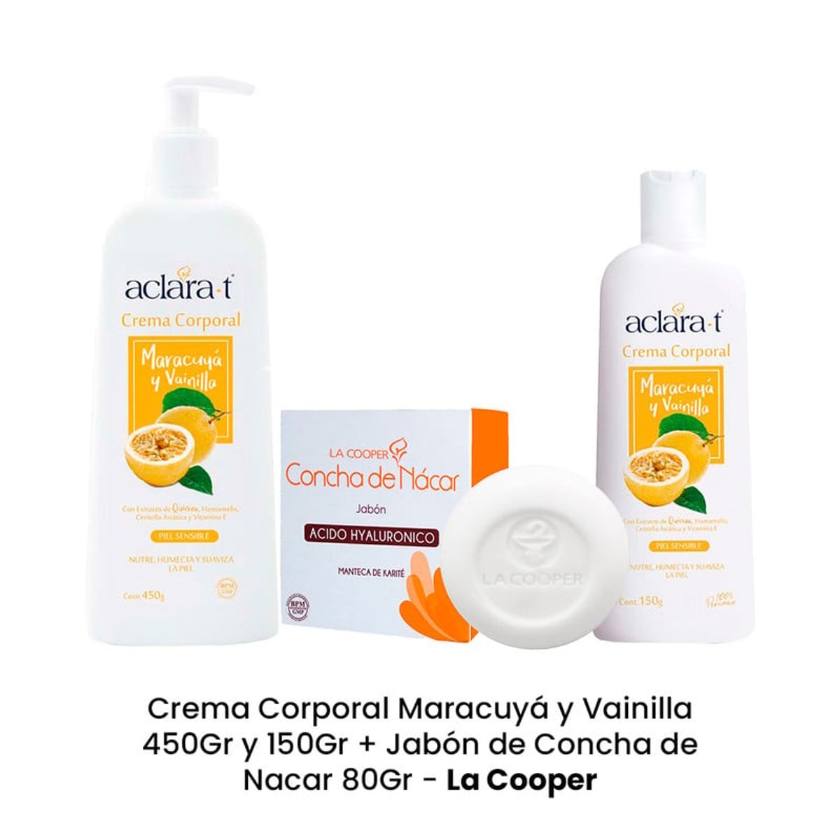 GENERICO - Crema Corp Maracuyá y Vainilla 450Gr y 150Gr + Jabón Concha Nacar 80Gr