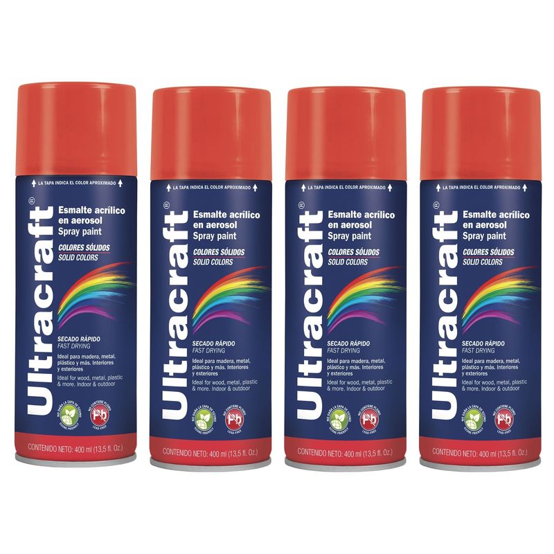 TRUPER - Pintura spray color ROJO BRILLANTE, 4 UNIDADES ULTRACRAF TRUPER