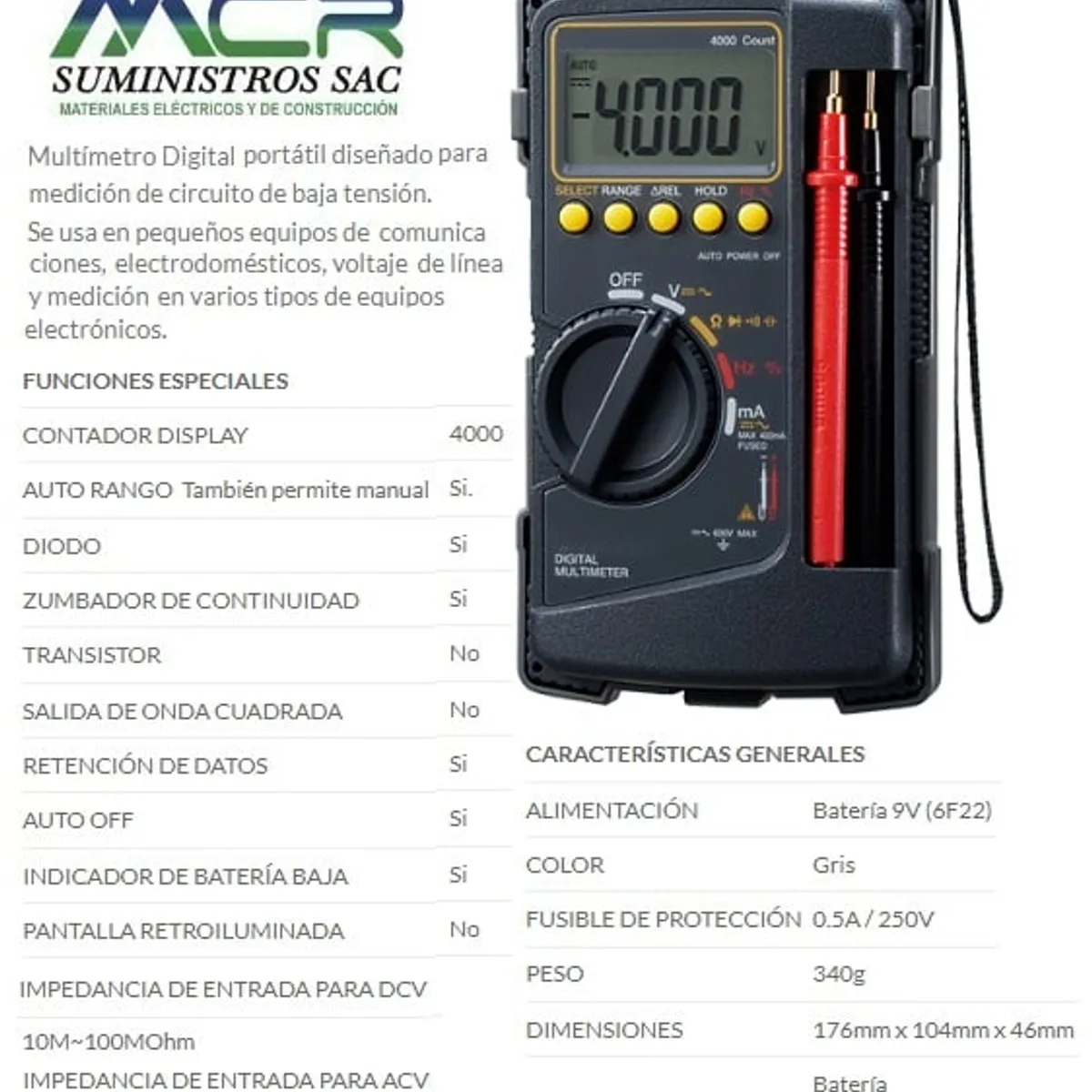 GENERICO - MULTIMETRO DIGITAL PROFESIONAL EN AC Y DC HASTA 600V