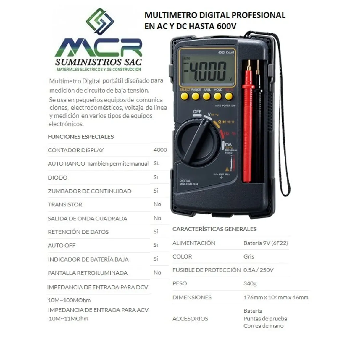 GENERICO - MULTIMETRO DIGITAL PROFESIONAL EN AC Y DC HASTA 600V