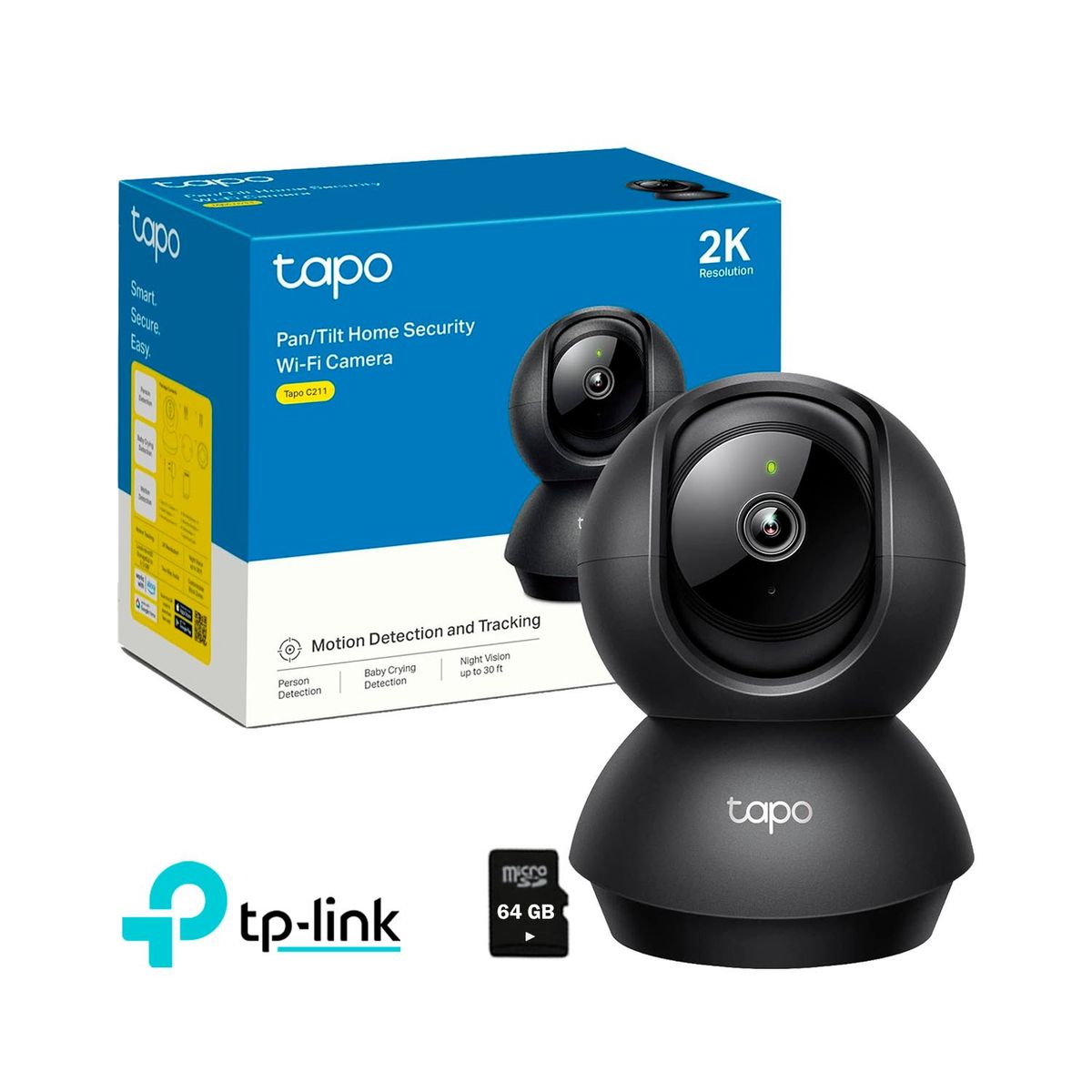 TP LINK - Cámara de Seguridad Wi-Fi Tapo C211 Gira 360° 2K 3MP + Micro SD 64GB