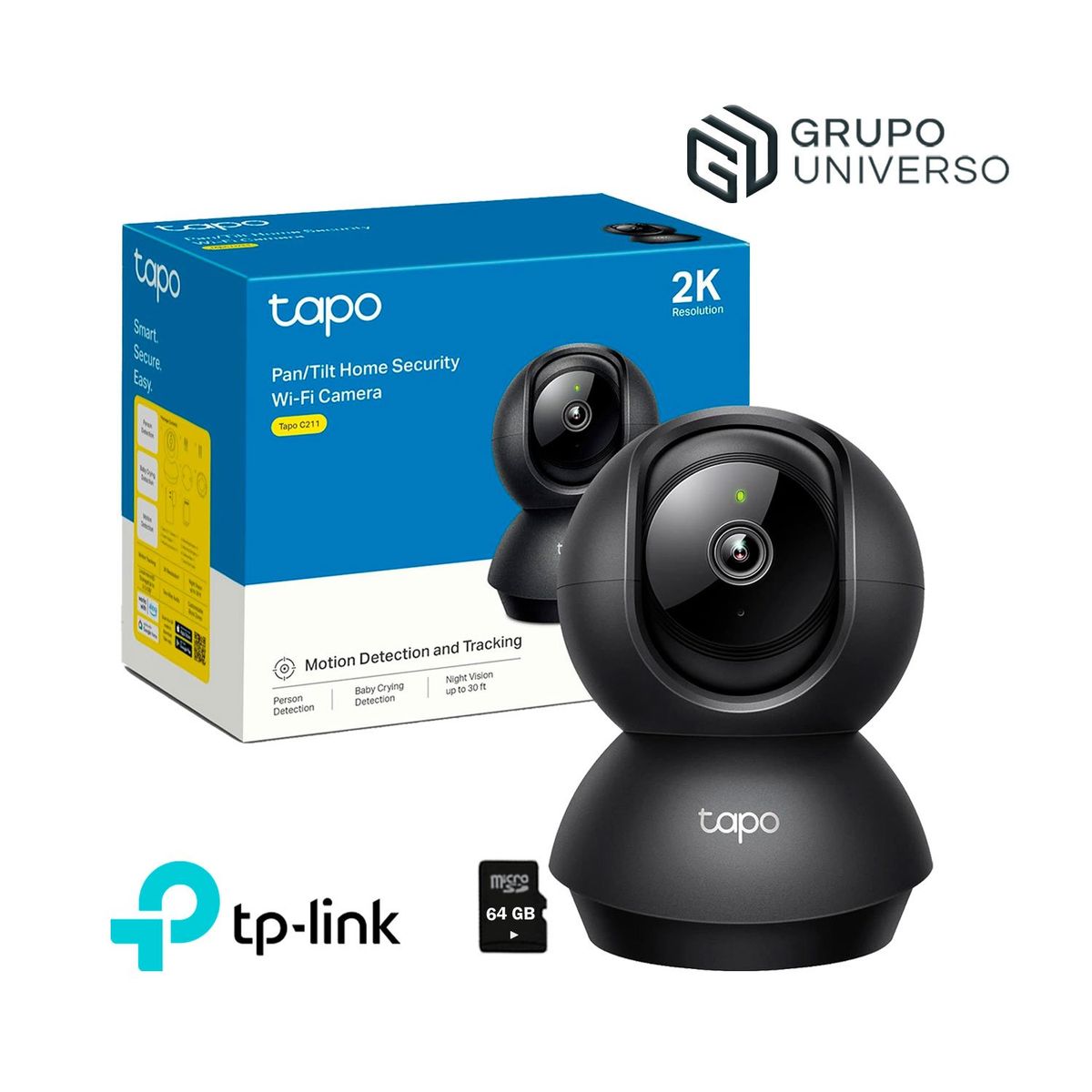 TP LINK - Cámara de Vigilancia IP Tapo C211 Gira 360° 2K 3MP + Micro SD 64GB