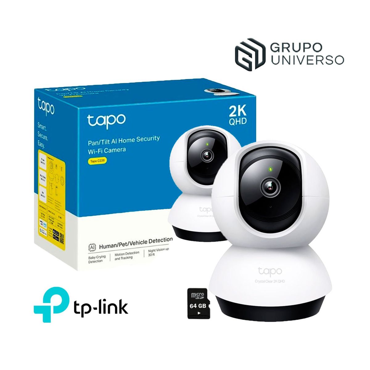 TP LINK - Cámara de Vigilancia IP Tapo C220 Gira 360° 2K 4MP + Micro SD 64GB