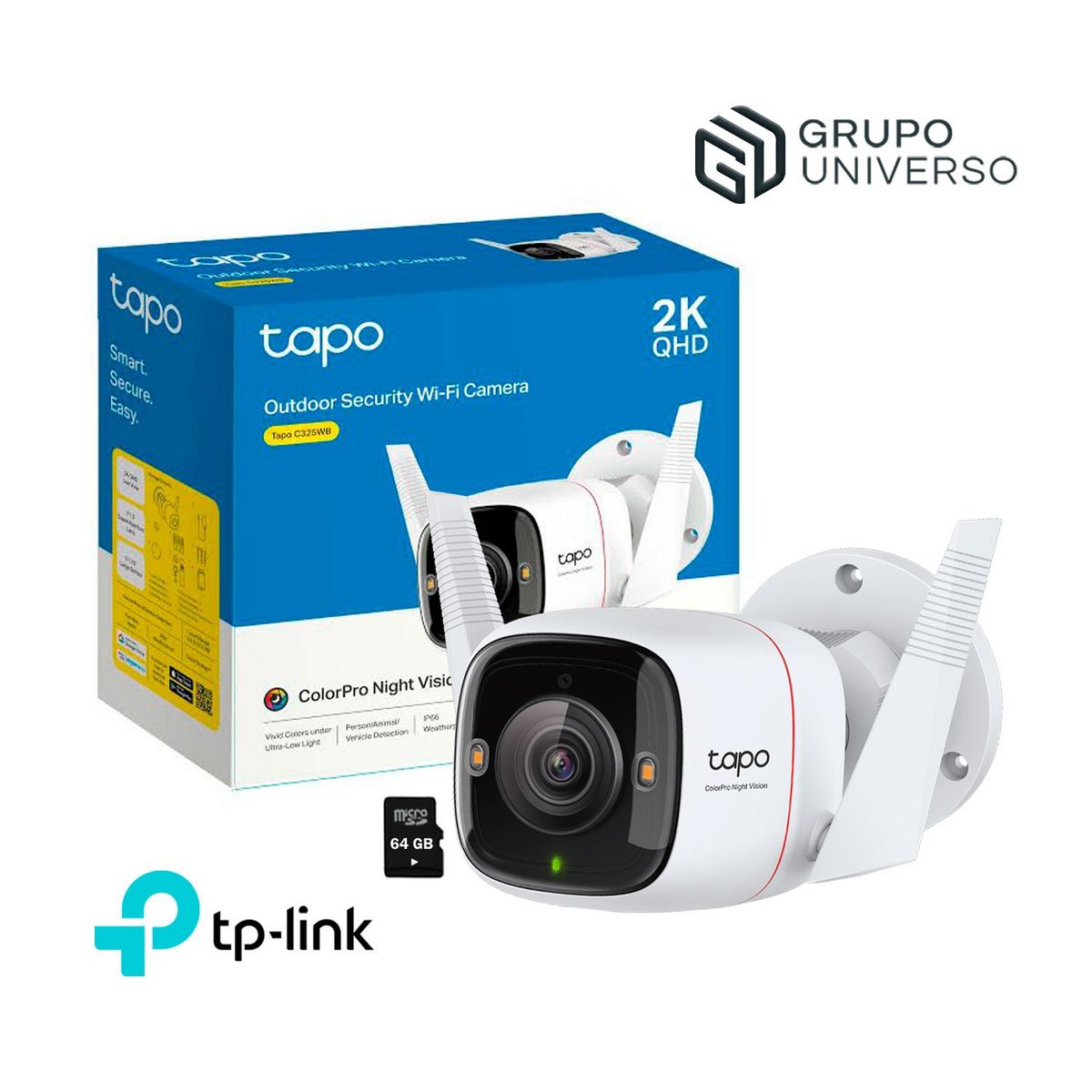 TP LINK - Cámara de Vigilancia Tapo C325WB 2K 4MP Tp-Link IP Exterior IP66 Deteccion IA + Micro SD 64GB