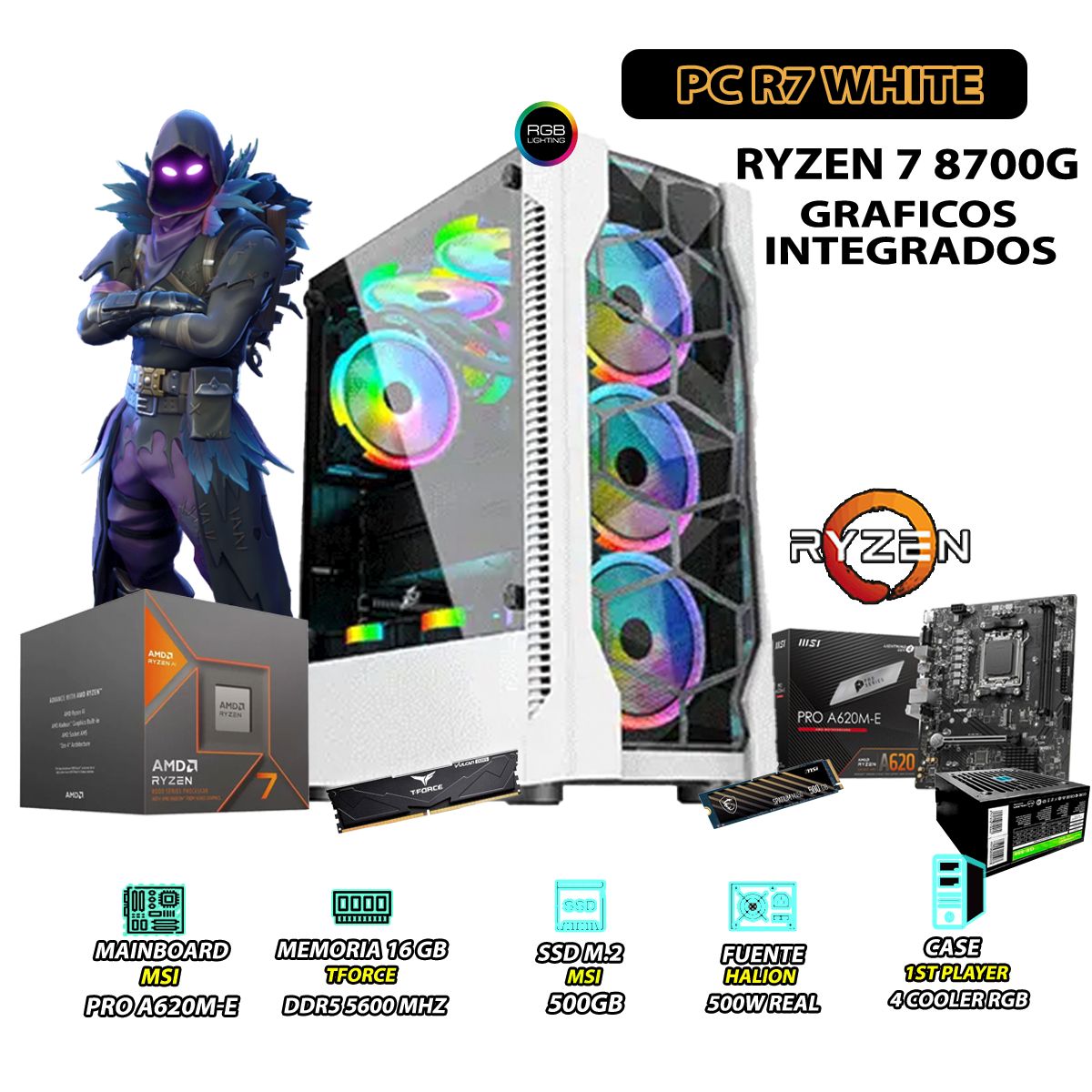 AMD - Computadora PC Ryzen 7 8700G RAM 16GB DISCO 500GB SSD CON GRAFICOS AMD RADEON