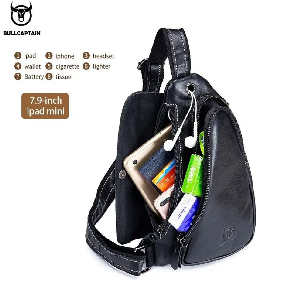 BULLCAPTAIN - BullCaptain - Mochila Cruzada de Cuero Mate XB-125-BK Negro