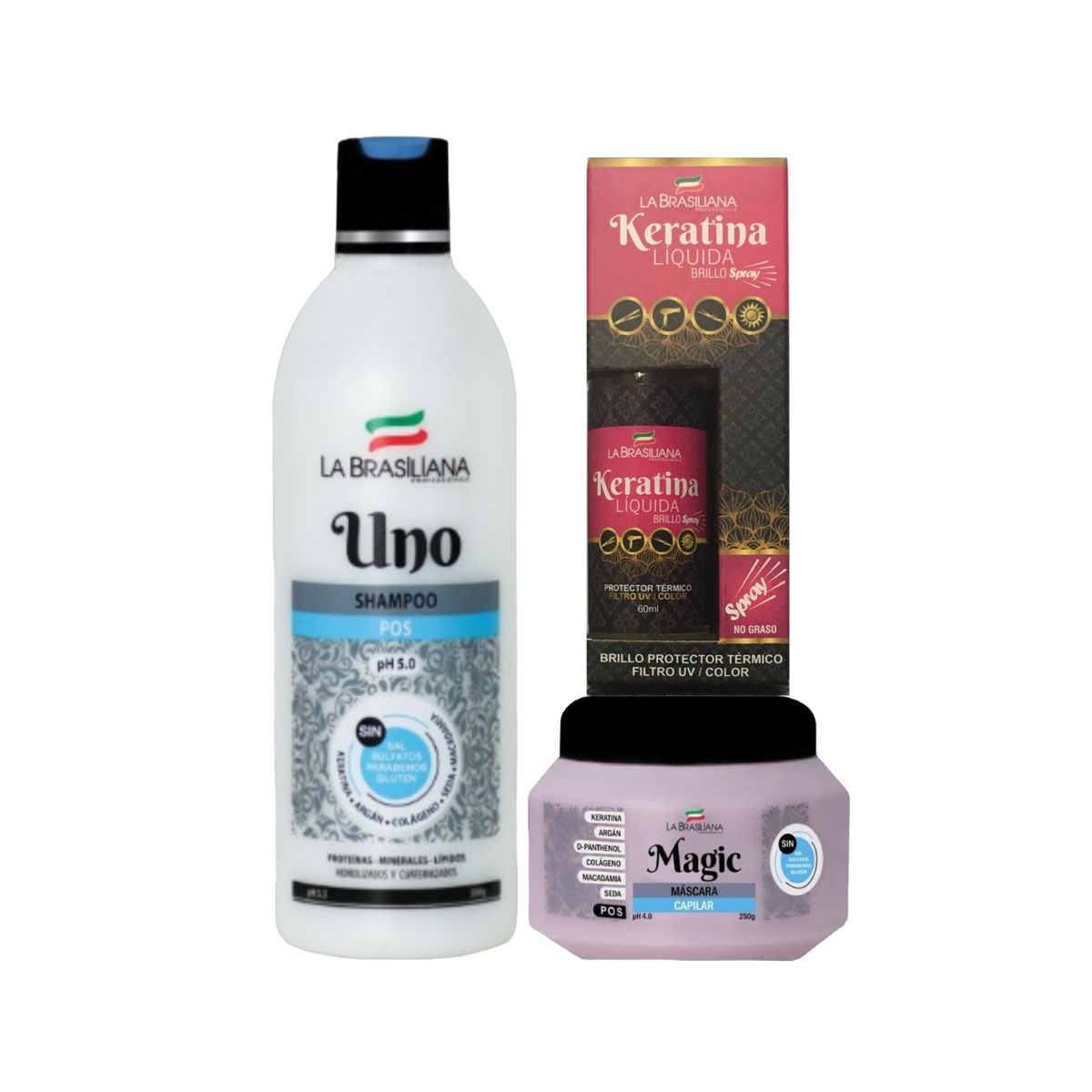 LA BRASILIANA - Pack - Shampoo UNO + MAGIC POS 250 g + Protector Termico 60 ML.