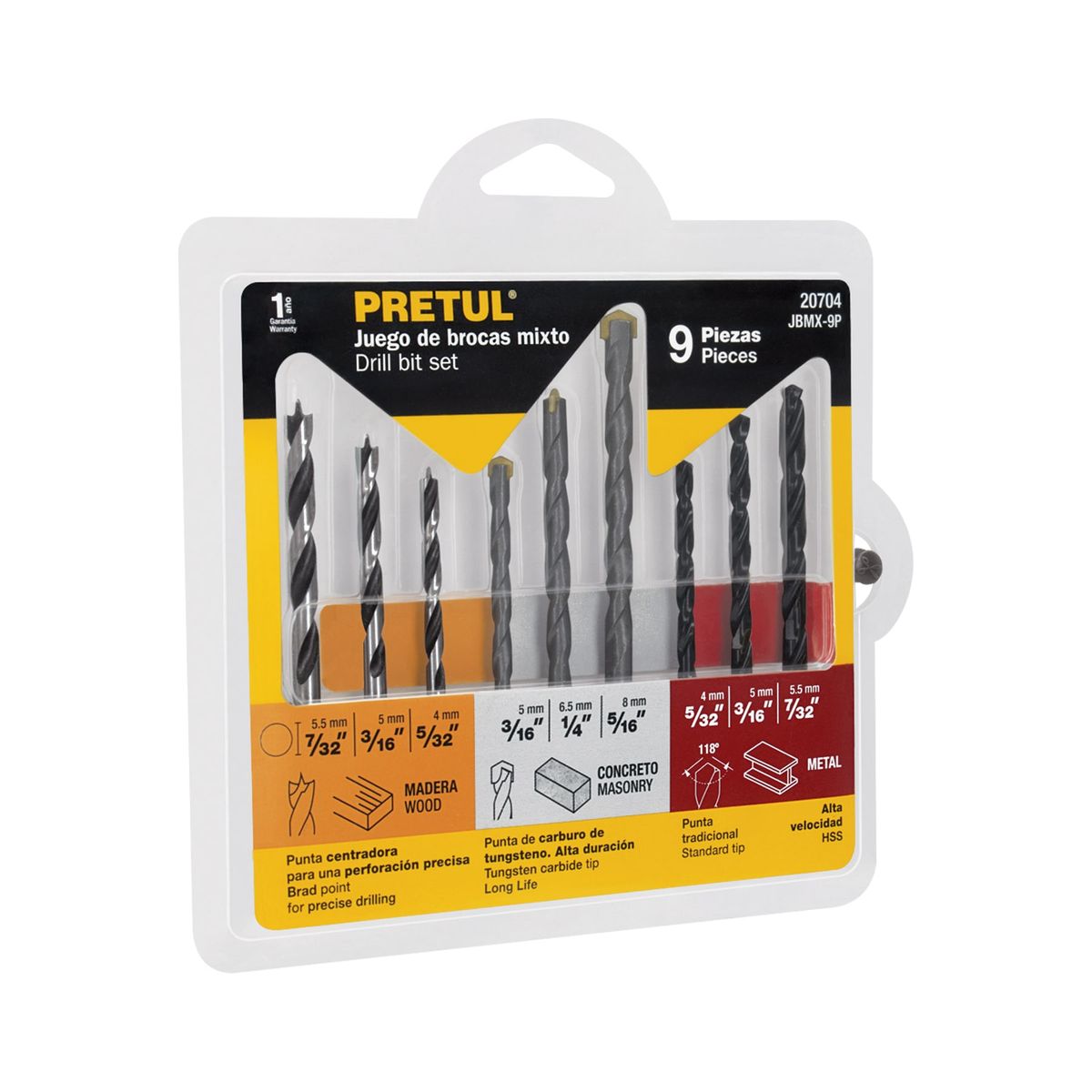 PRETUL - Broca 9 Unidades Juego Fierro Metal + Concreto y Madera 20704 Pretul
