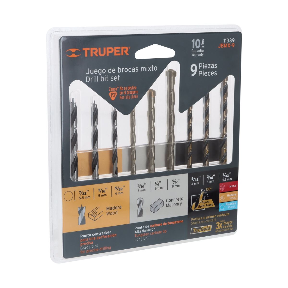 TRUPER - Broca 9 Unidades Juego Fierro Metal + Concreto y Madera 11339 Truper