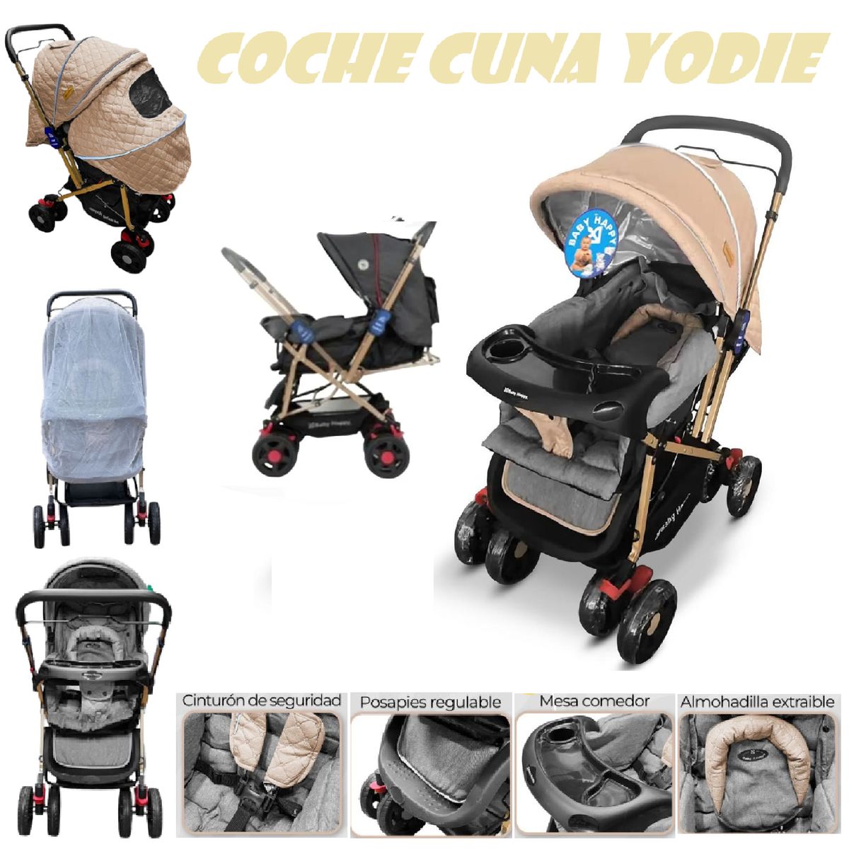 BABY HAPPY - Coche Cuna de Lujo Mango Reversible con Tull Yodie - Beige