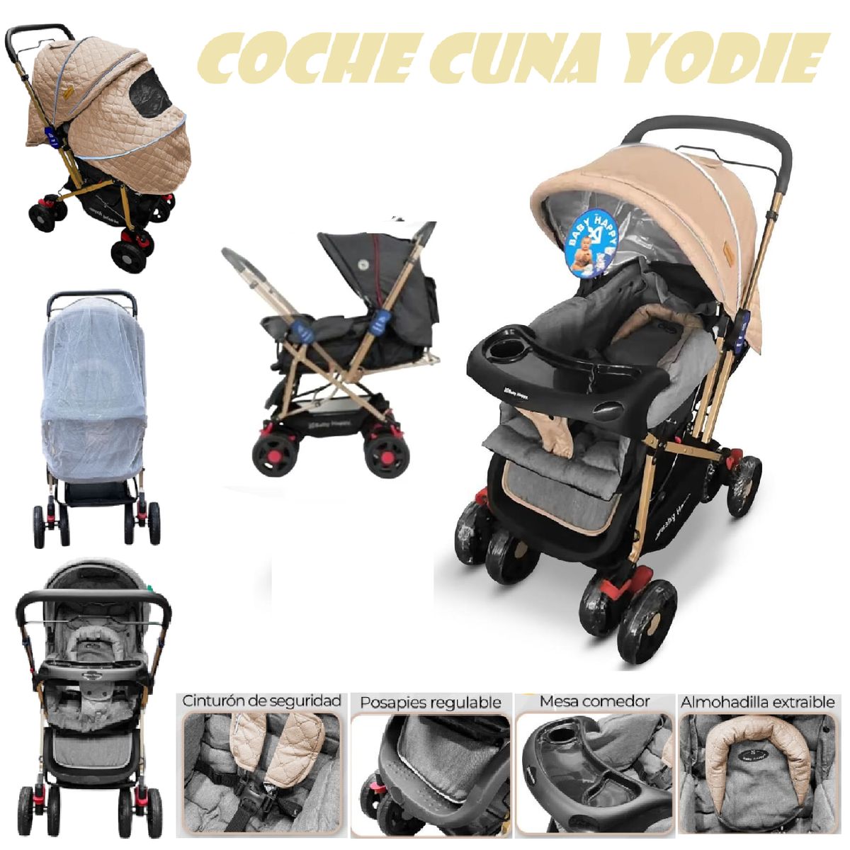 BABY HAPPY - Coche Cuna de Lujo Mango Reversible con Tull Yodie - Beige