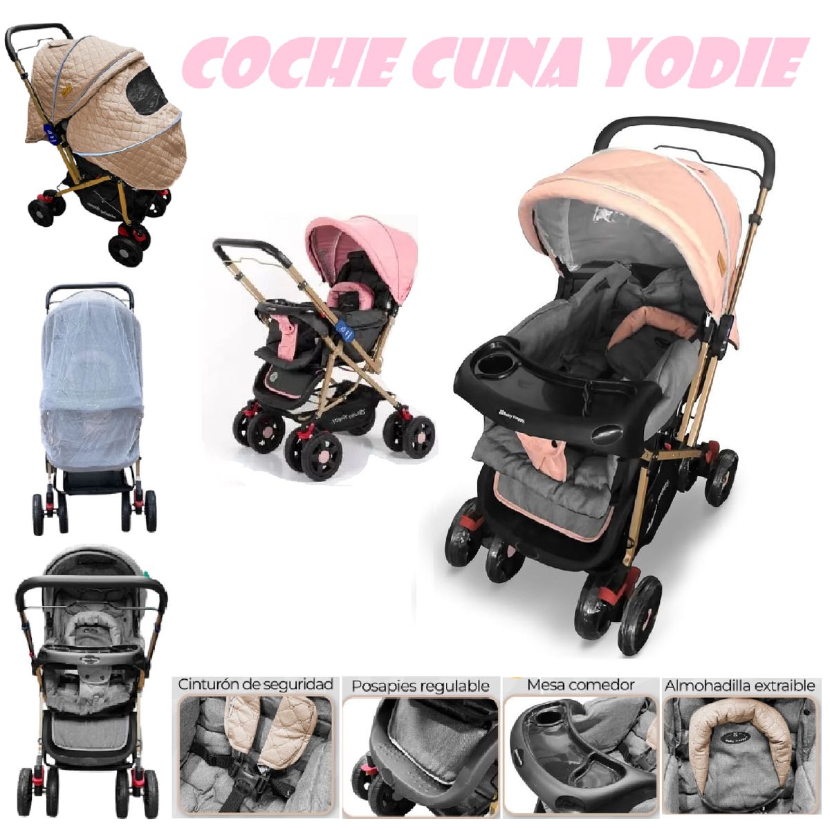 BABY HAPPY - Coche Cuna Mango Reversible con Tull Yodie- Rosa