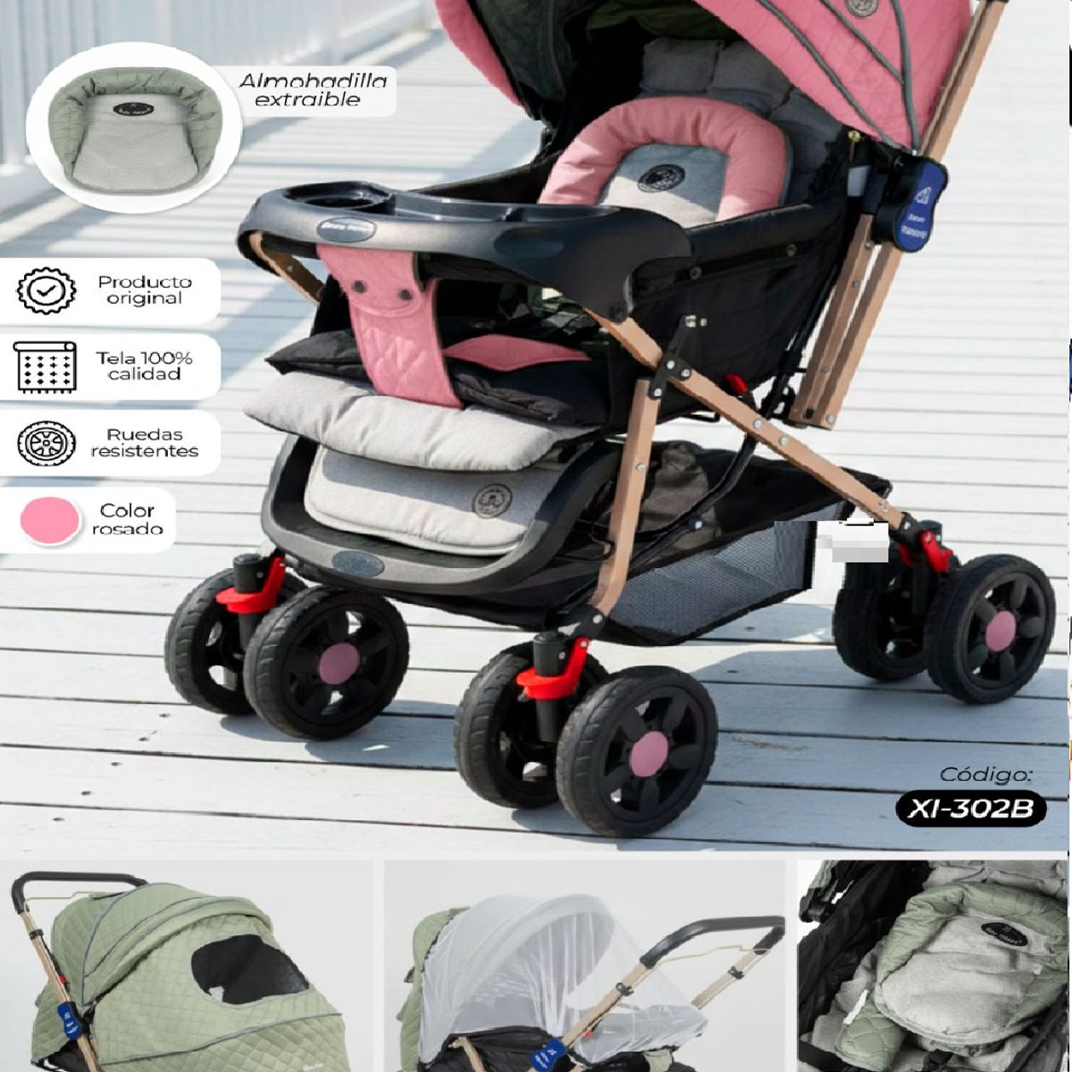 BABY HAPPY - Nuevo Coche Cuna de Lujo Mango Reversible Yodie - Rosado