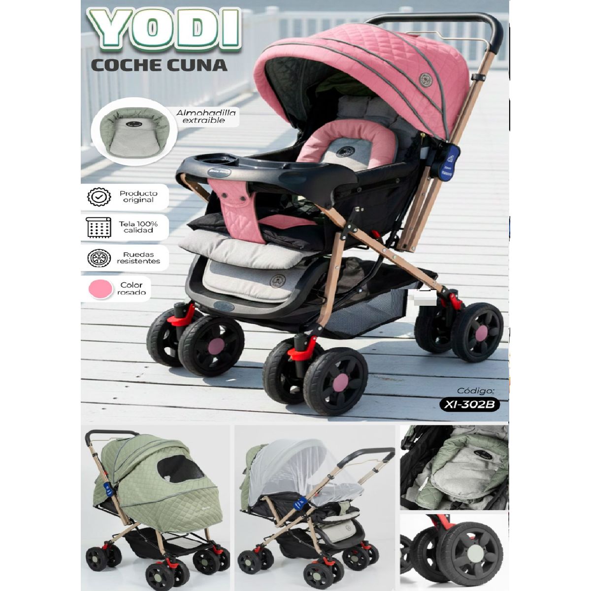 BABY HAPPY - Nuevo Coche Cuna de Lujo Mango Reversible Yodie - Rosado