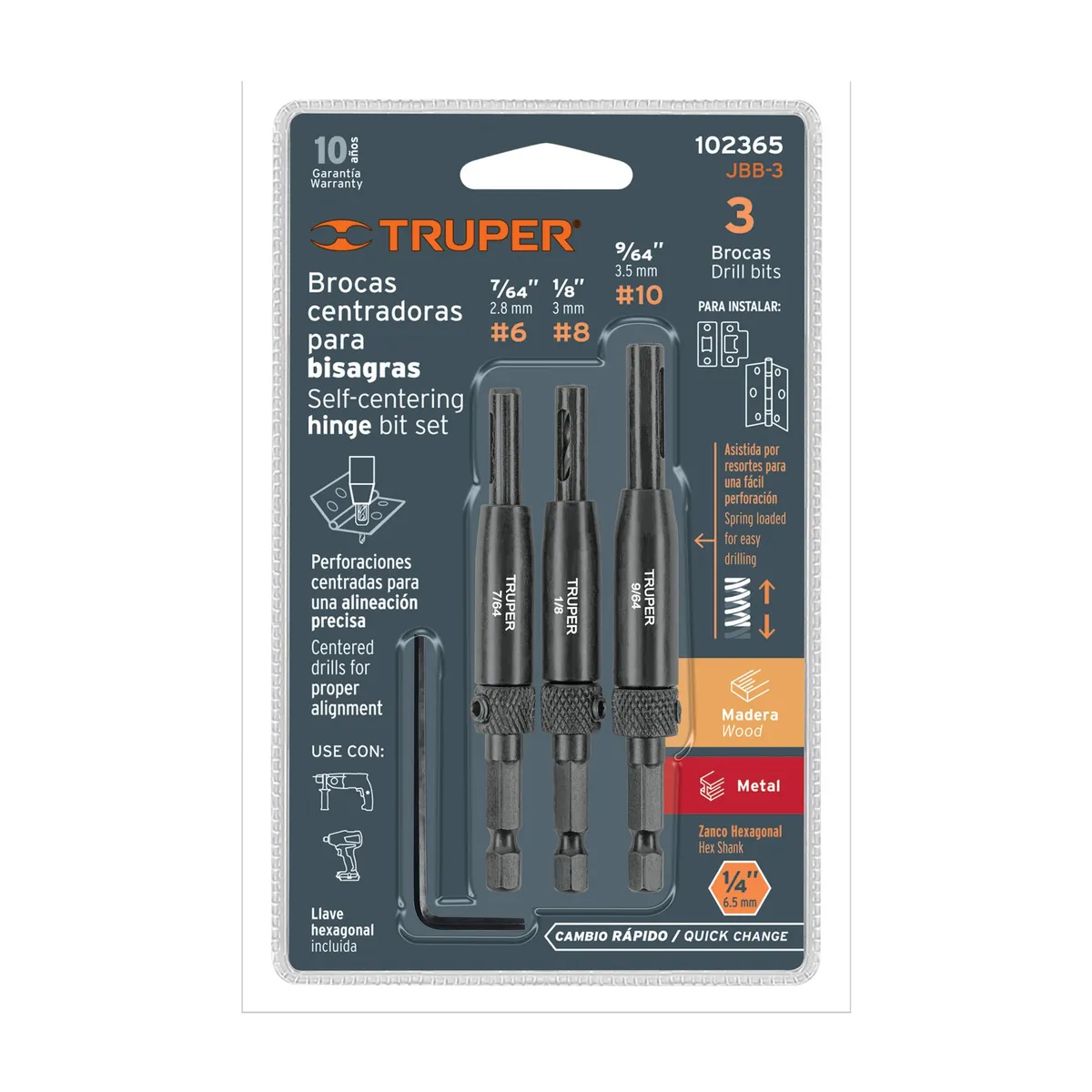 TRUPER - Broca 3 Unidades Juego Centradora para Bisagra 102365 Truper