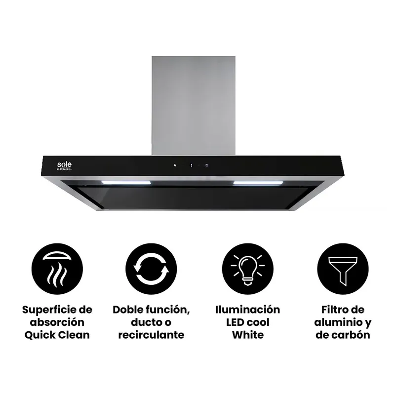 SOLE - Campana Decorativa Stilux De 90 Cm En Acero Inox Fontal Negro
