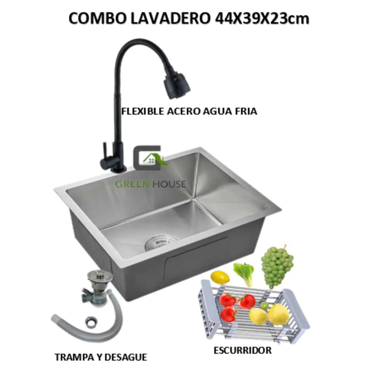 GENERICO - COMBO DE LAVADERO CDO 44x39x21cm  + GRIFERIA  AGUA FRIA  ACERO