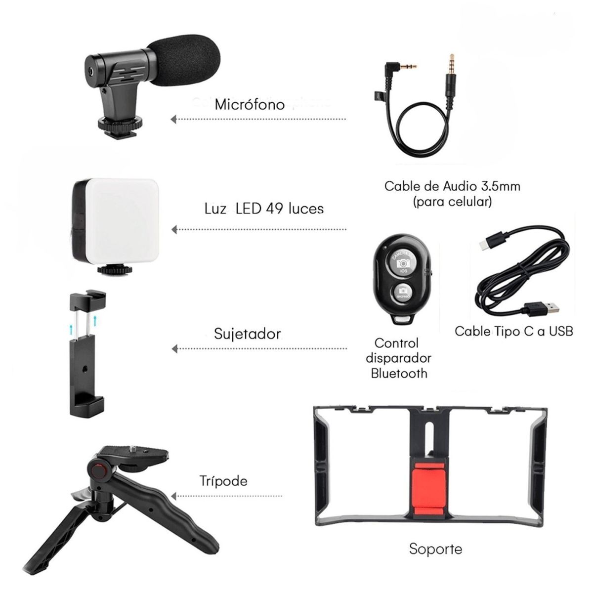 SEISA - Kit Estabilizador para Teléfono Trípode Micrófono Luz Led recargable