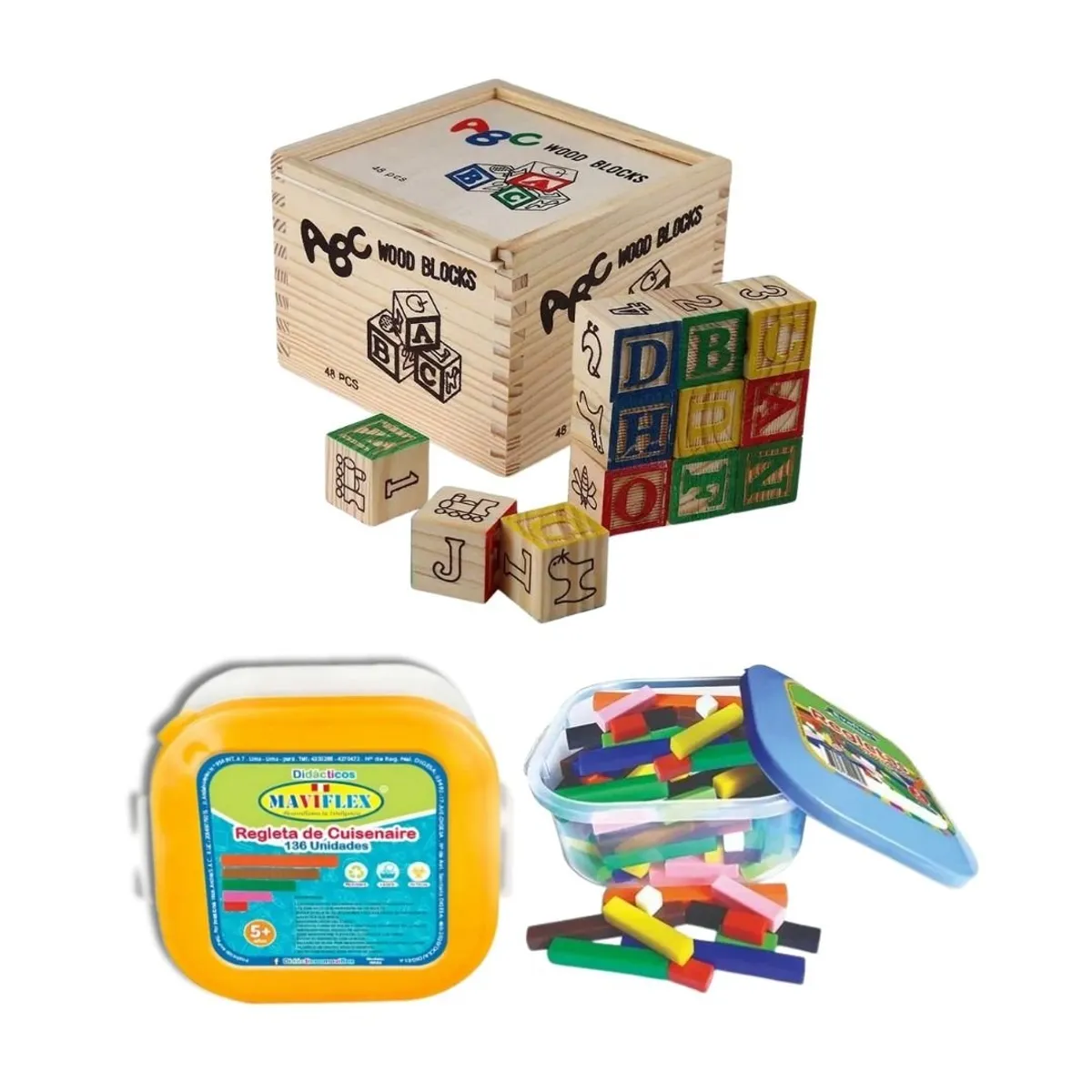 GENERICO - Didácticos Cubo ABC 48Pzs + Regletas Coloridas 136Pzs