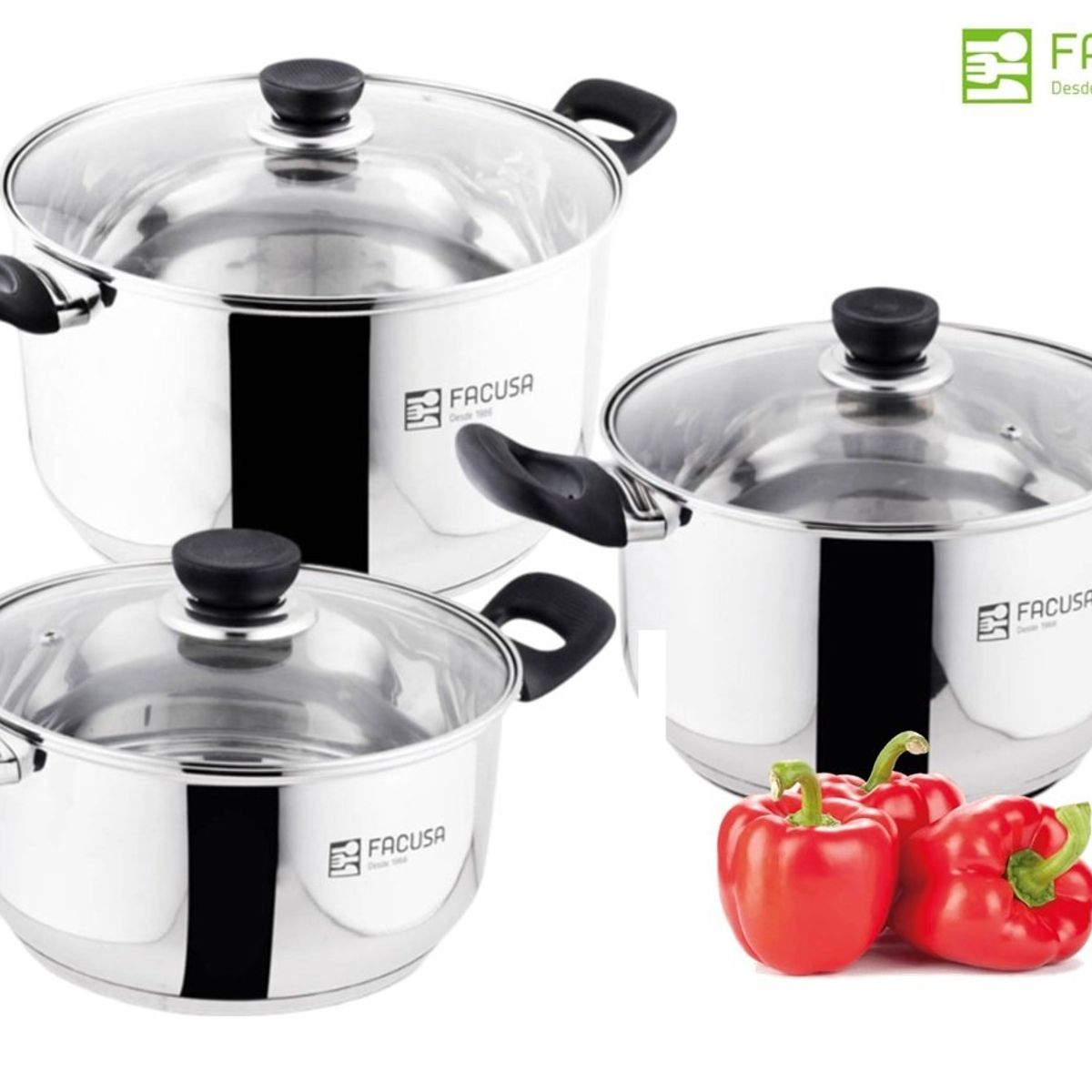 FACUSA - Juego de Ollas 6 piezas con tapa de vidrio Acero Inoxidable Facusa