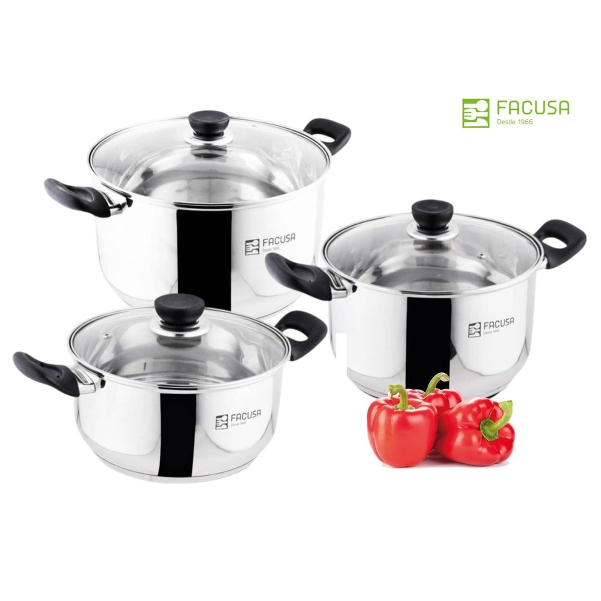 FACUSA - Juego de Ollas 6 piezas con tapa de vidrio Acero Inoxidable Facusa
