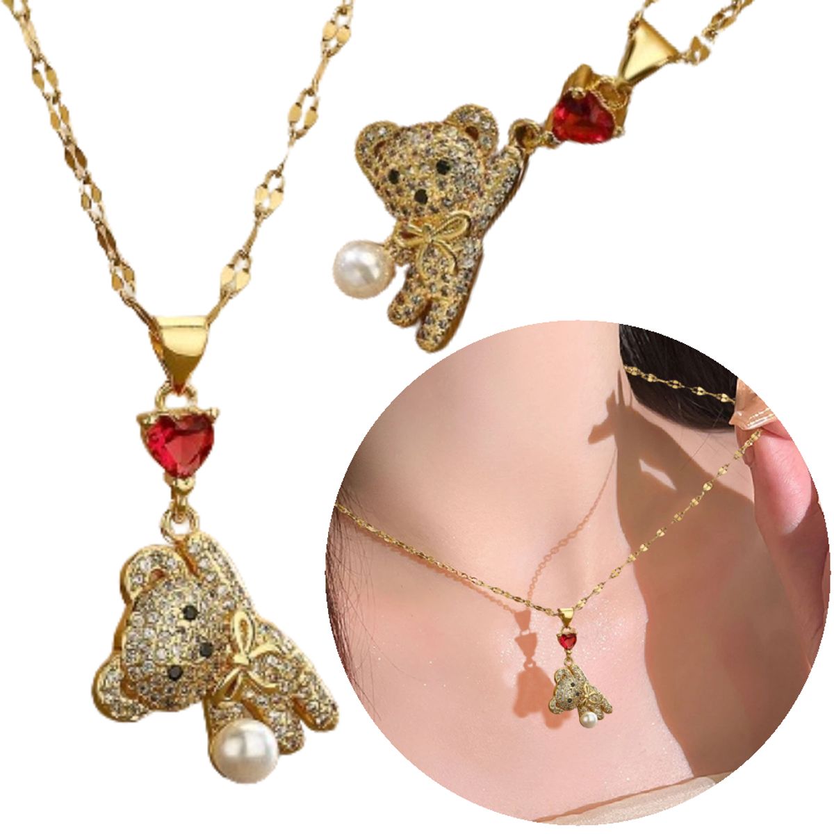 NO LOGO - Collar De Dama Osito Corazon De Circonia Regalo Especial