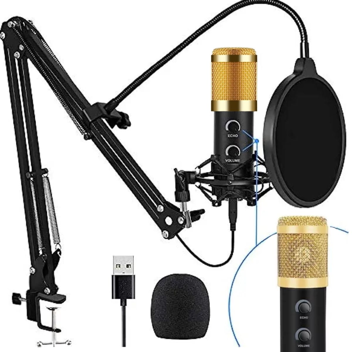GENERICO - Kit Micrófono Condensador USB Estudio Podcast BM838 Negro con Dorado