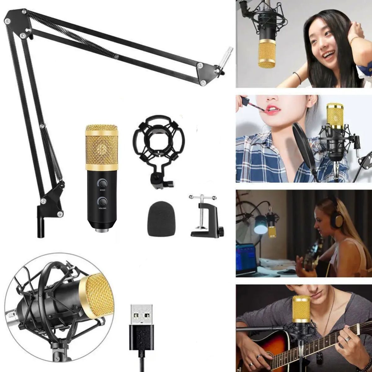 GENERICO - Kit Micrófono Condensador USB Estudio Podcast BM838 Negro con Dorado