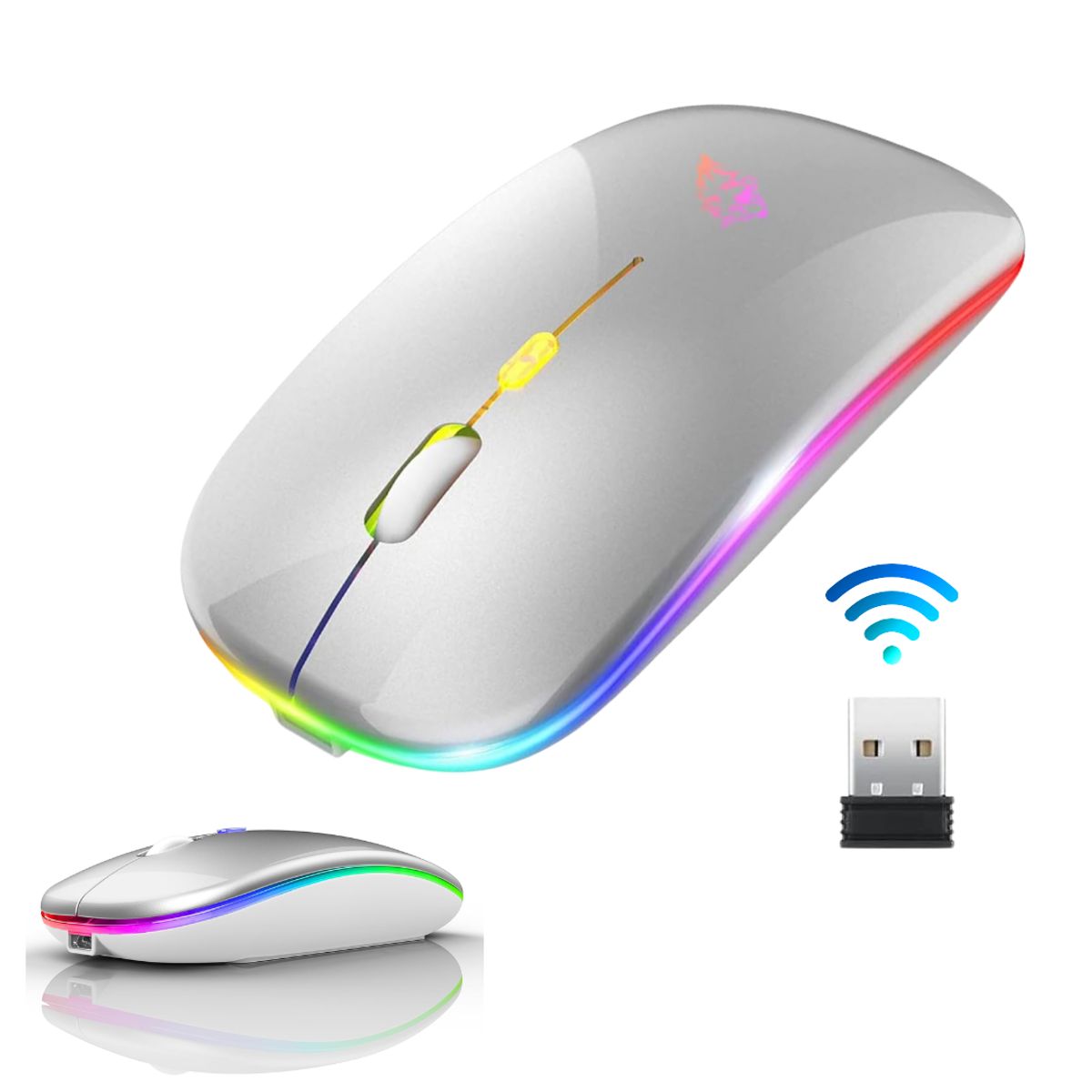 SEISA - Mouse Inalambrico Recargable USB, LED 8 colores RGB, DPI 320 - Plata