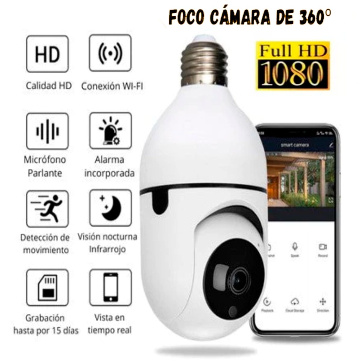 GENERICO - Foco Cámara Seguridad Vigilancia E27 Visión Nocturna Full HD