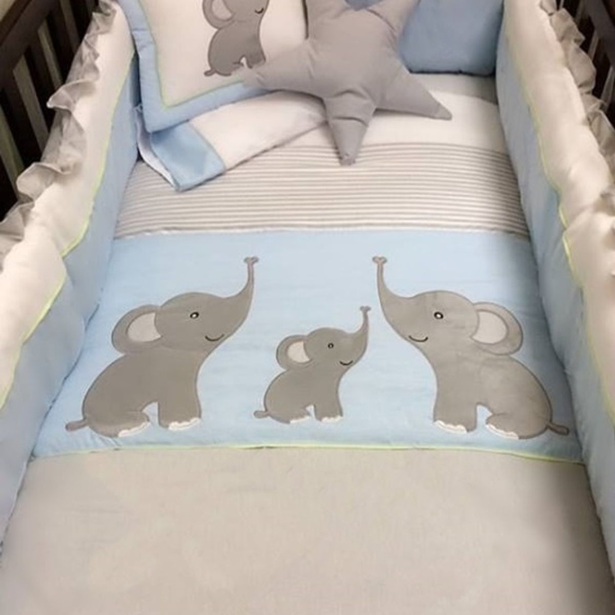 GENERICO - Set de cuna tres elefantitos diseño  celeste bordado
