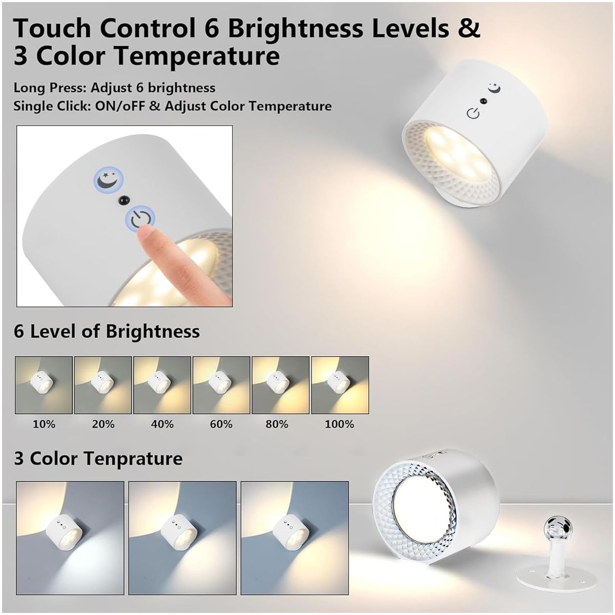 GENERICO - Lámpara Led Dual de Pared Brillo Regulable Táctil y Control 2UND