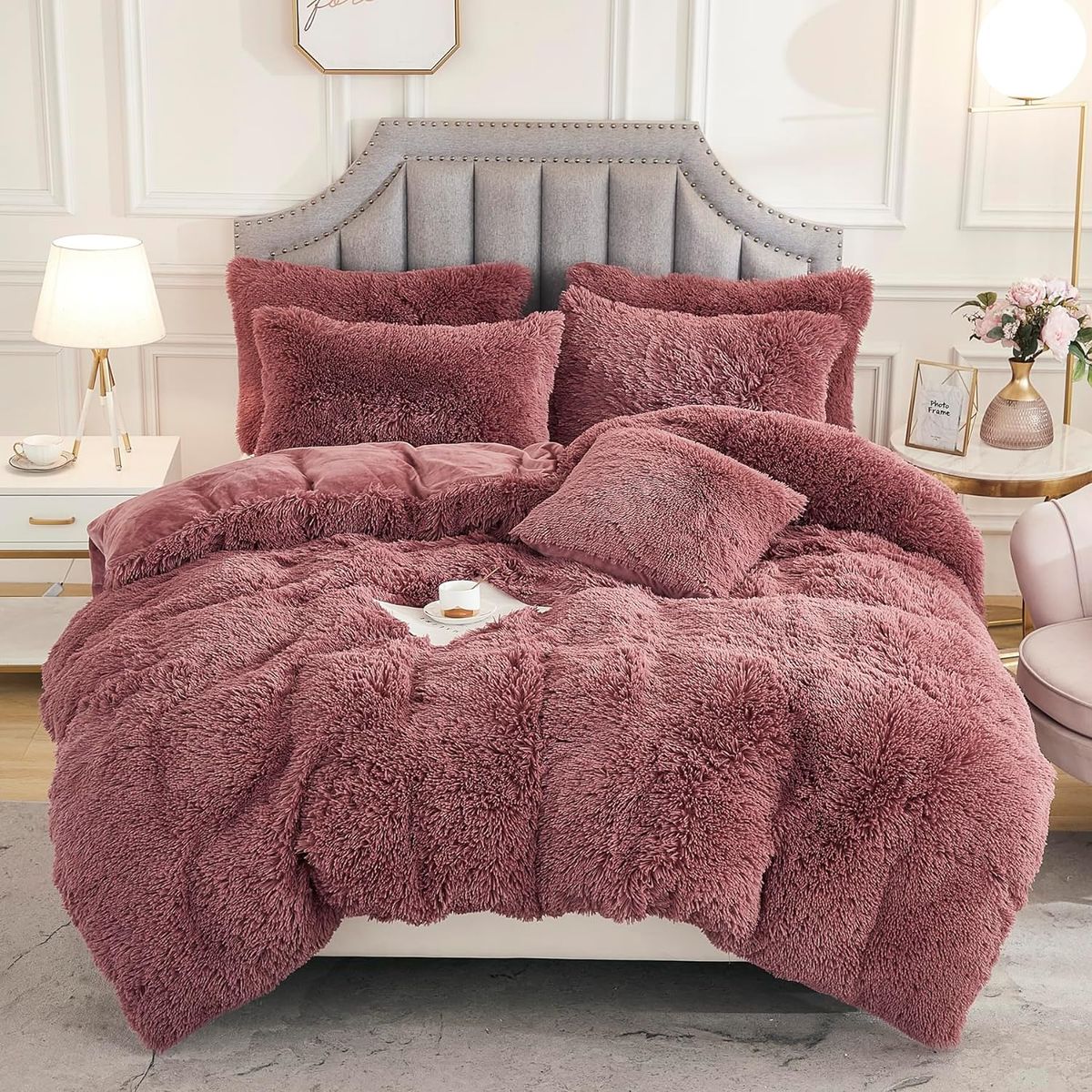 GENERICO - EDREDÓN PIEL DE OSO 2 FUNDAS DE ALMOHADA QUEEN PALO ROSA