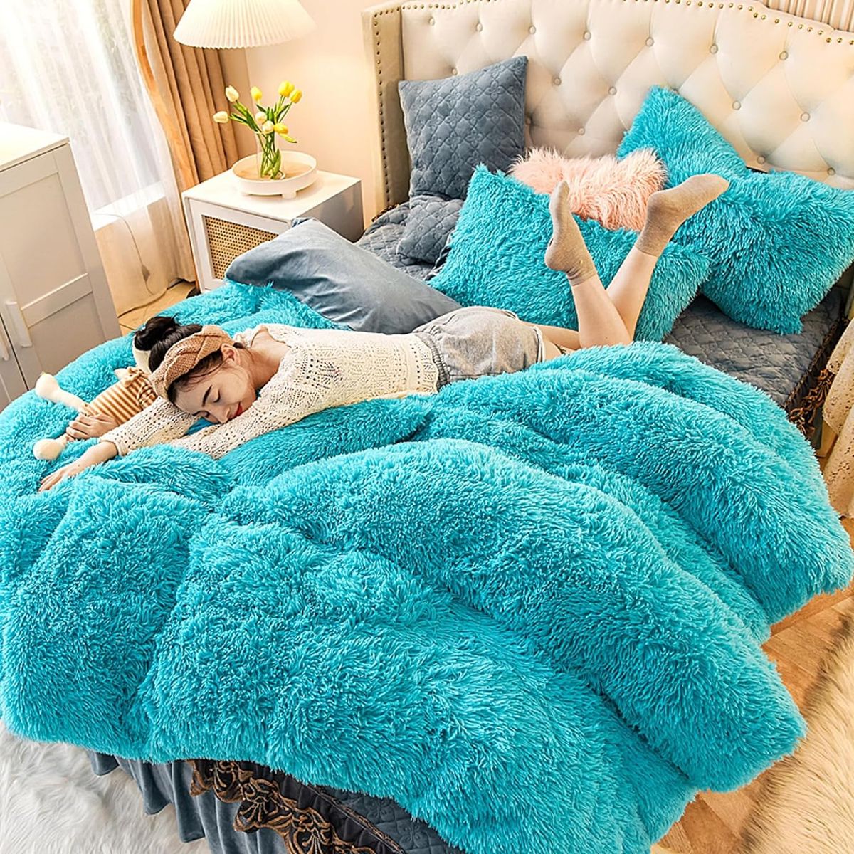 GENERICO - EDREDÓN PIEL DE OSO 2 FUNDAS DE ALMOHADA QUEEN TURQUESA