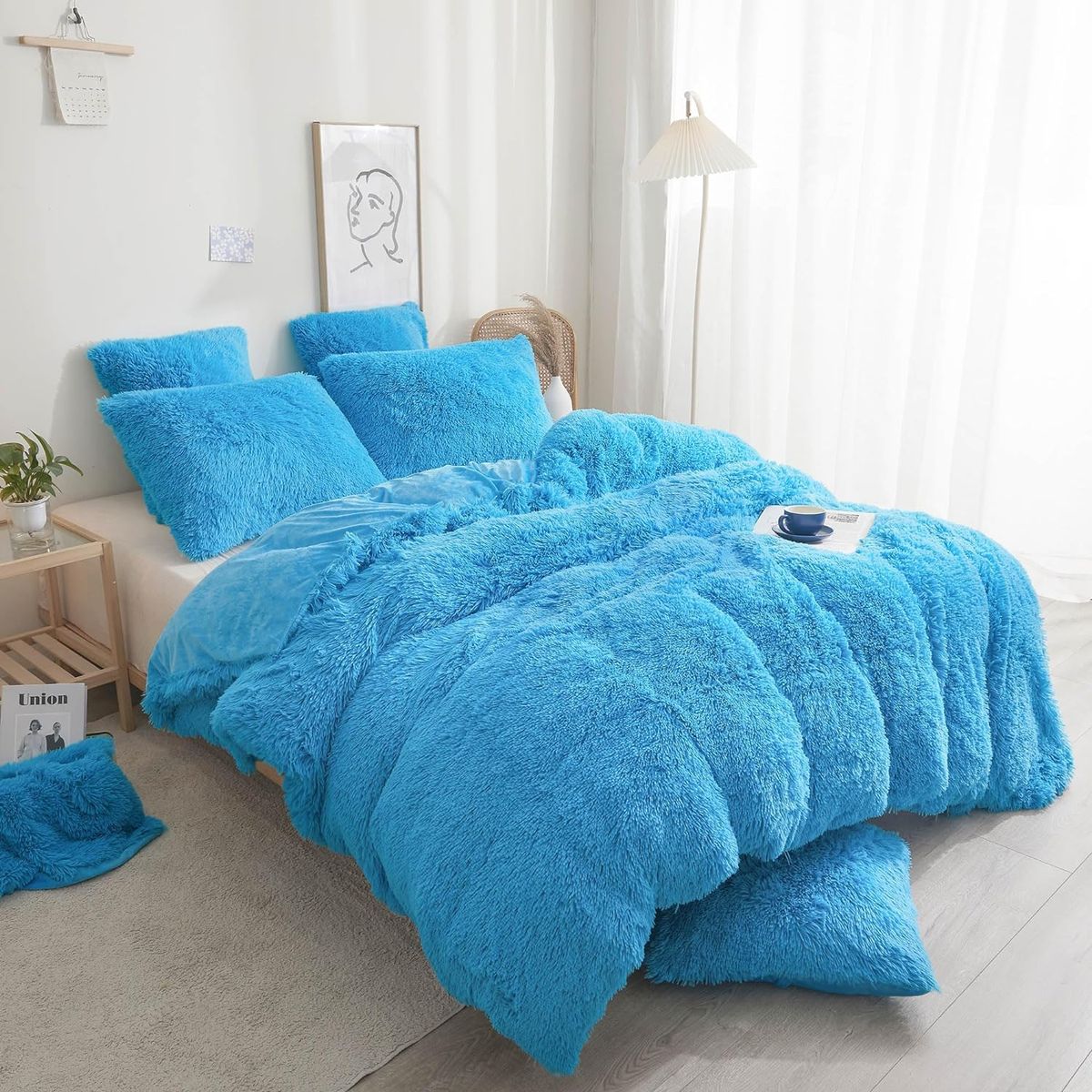 GENERICO - EDREDÓN PIEL DE OSO DE 2 PLAZAS + 2 FUNDAS DE ALMOHADA AZUL