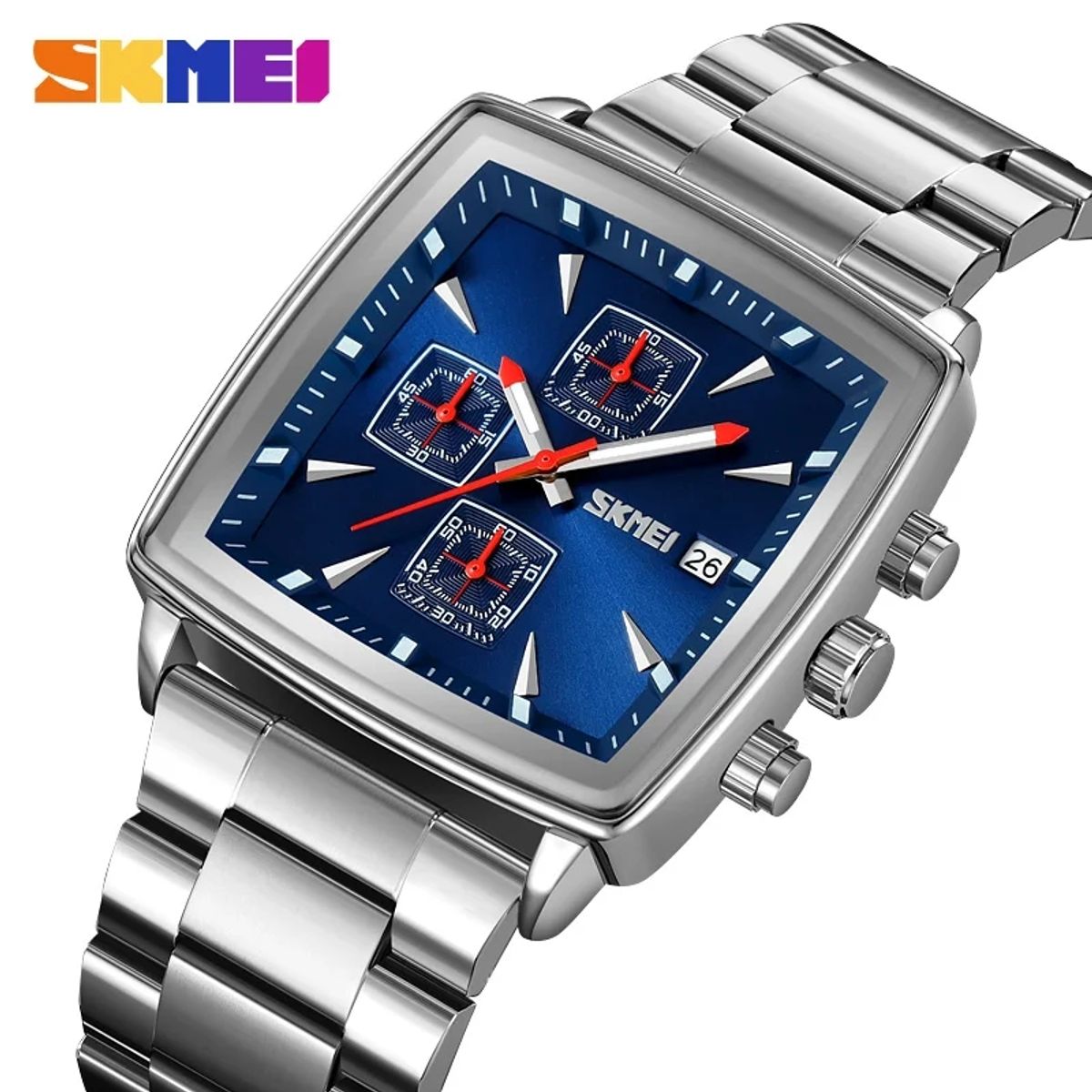 Skmei - Reloj Skmei 9331 PLATEADO con fondo azul analógico Cronómetro