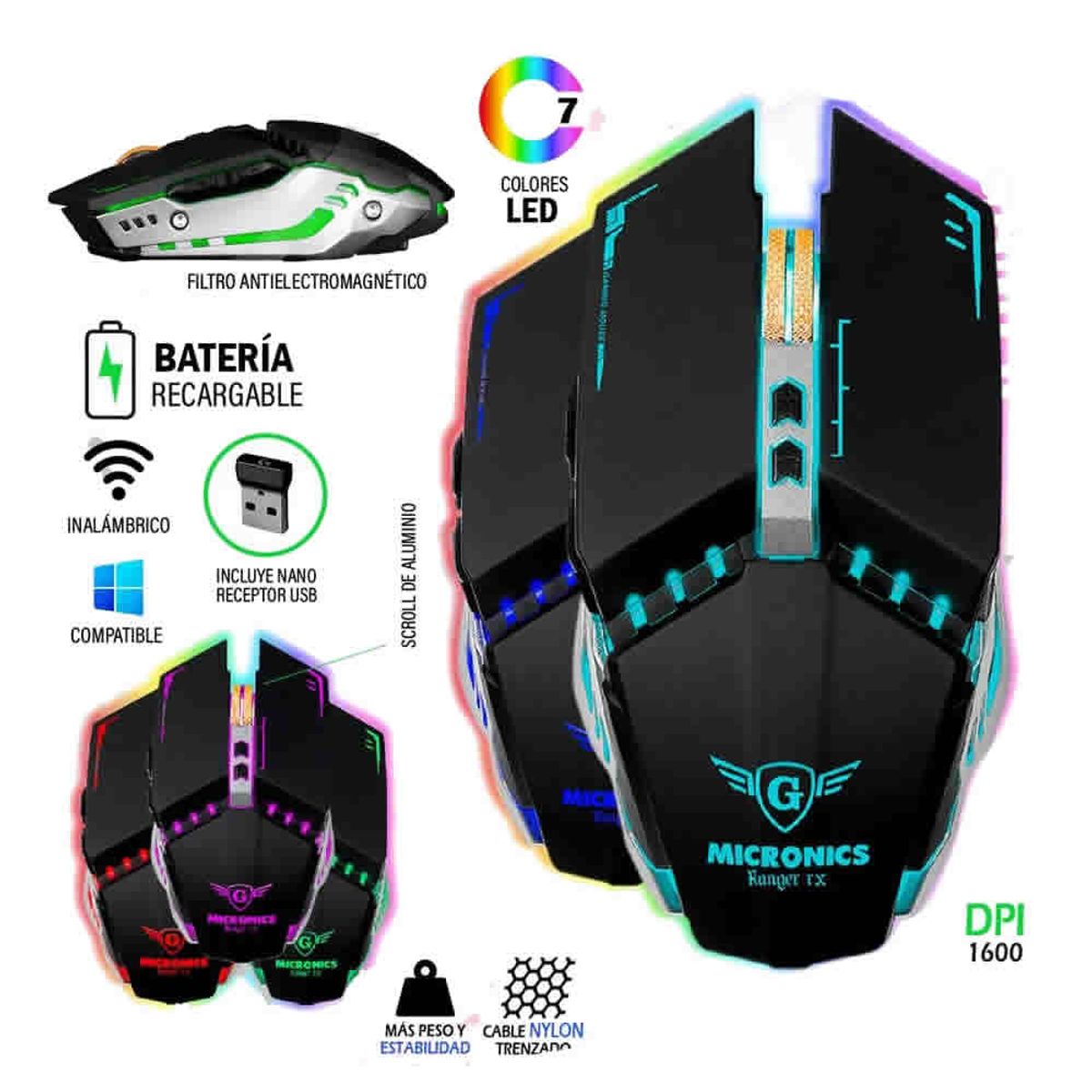 MICRONICS - MOUSE WIFI RECARGABLE RANGER  7LEDS 7B MICRONICS