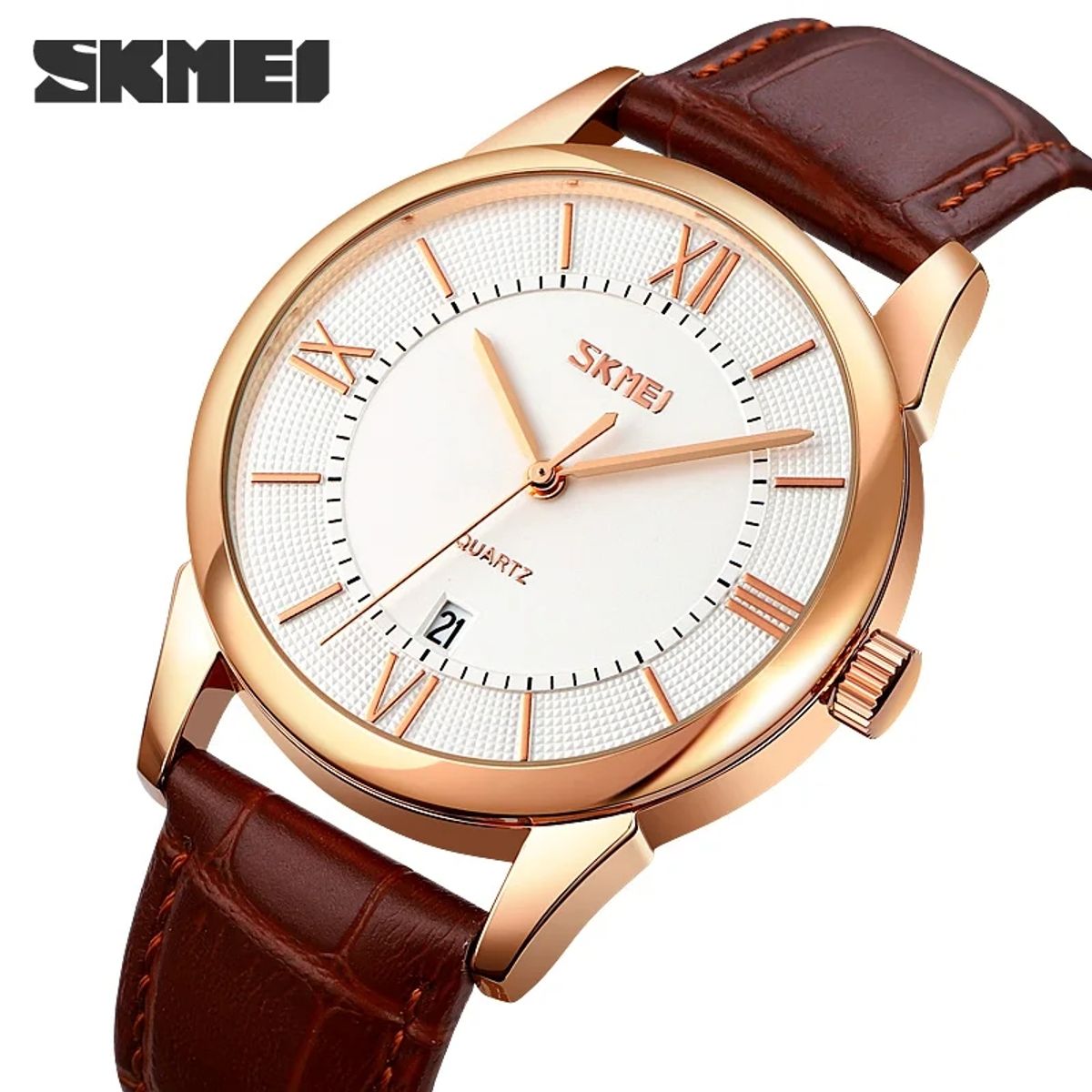 SKMEI - Reloj Skmei 9261 Oro Rosa Correa marrón de cuero_.