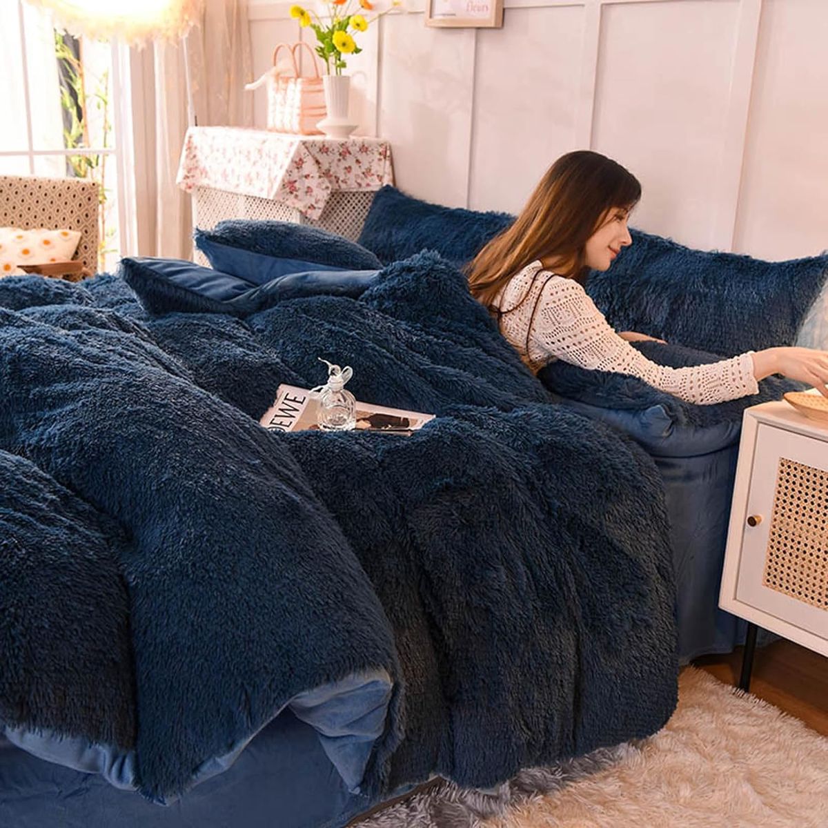 GENERICO - EDREDÓN PIEL DE OSO 2 FUNDAS DE ALMOHADA QUEEN AZUL MARINO