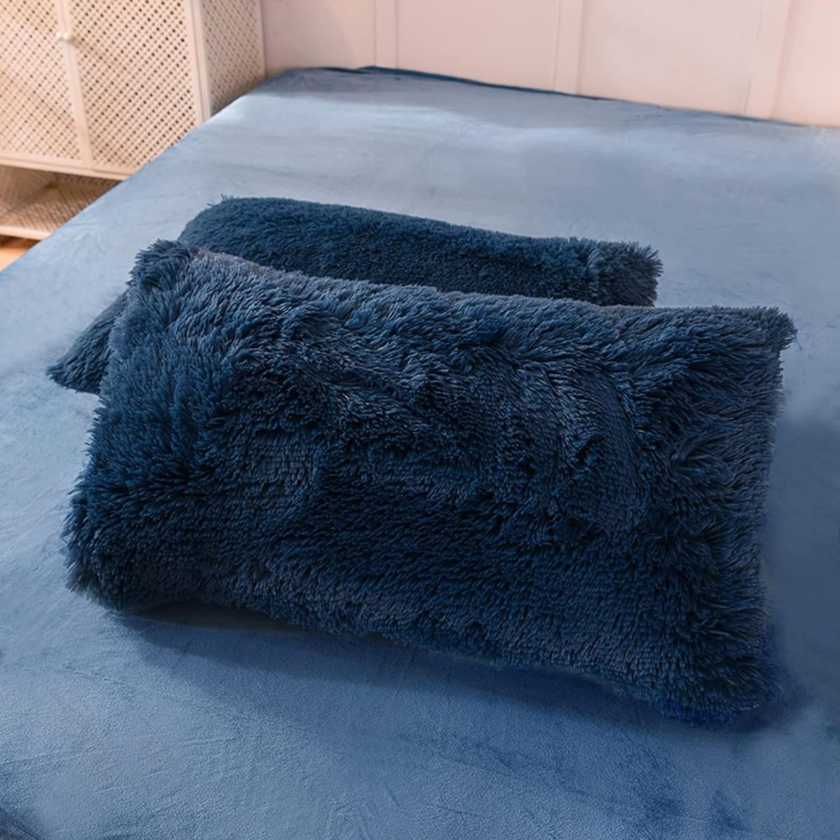 GENERICO - EDREDÓN PIEL DE OSO 2 FUNDAS DE ALMOHADA QUEEN AZUL MARINO