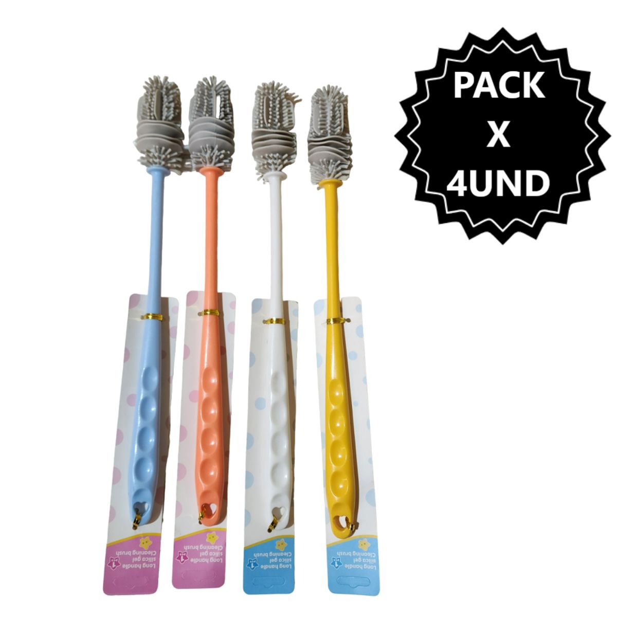 GENERICO - Pack x4 Cepillos de silicona largo para limpiar de botellas