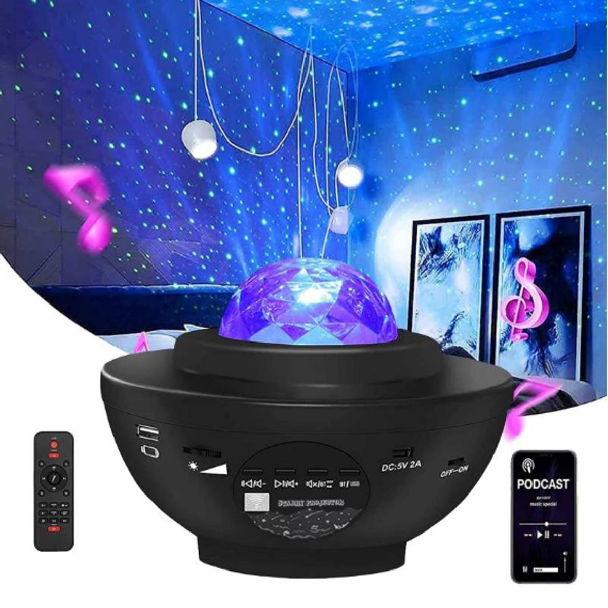 GENERICO - Parlante con Proyector de Luces Galaxia con Bluetooth + Control remoto