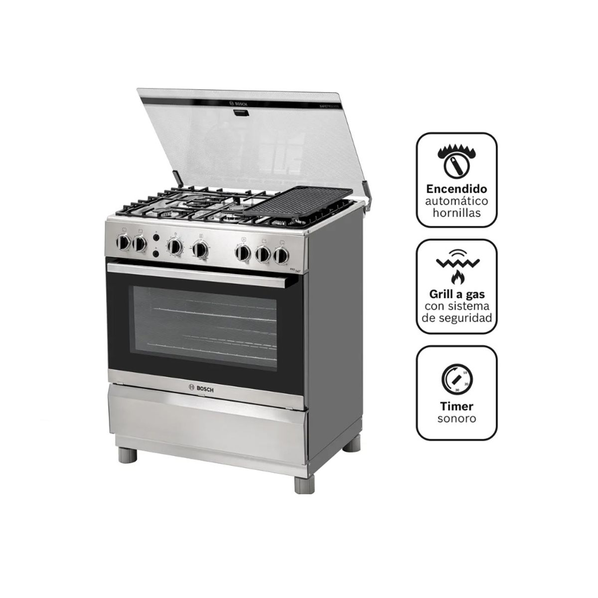 BOSCH - Cocina Bosch PRO547 MAX a Gas de Pie 30" 5 Hornillas Acero Inoxidable
