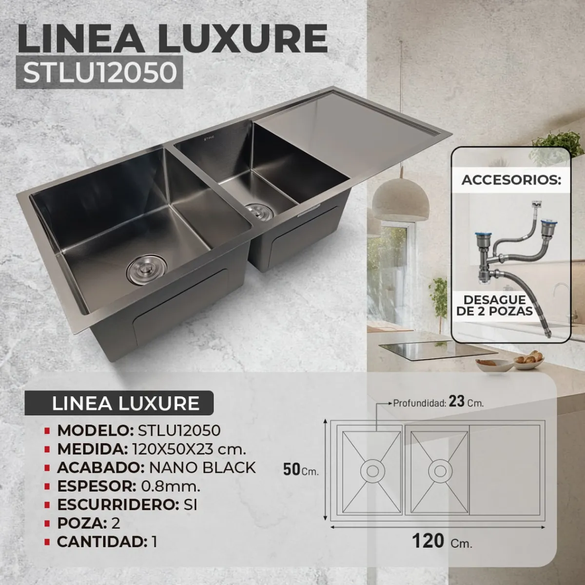 STONE - LAVADERO DE ACERO LUXURE STLU12050 STONE