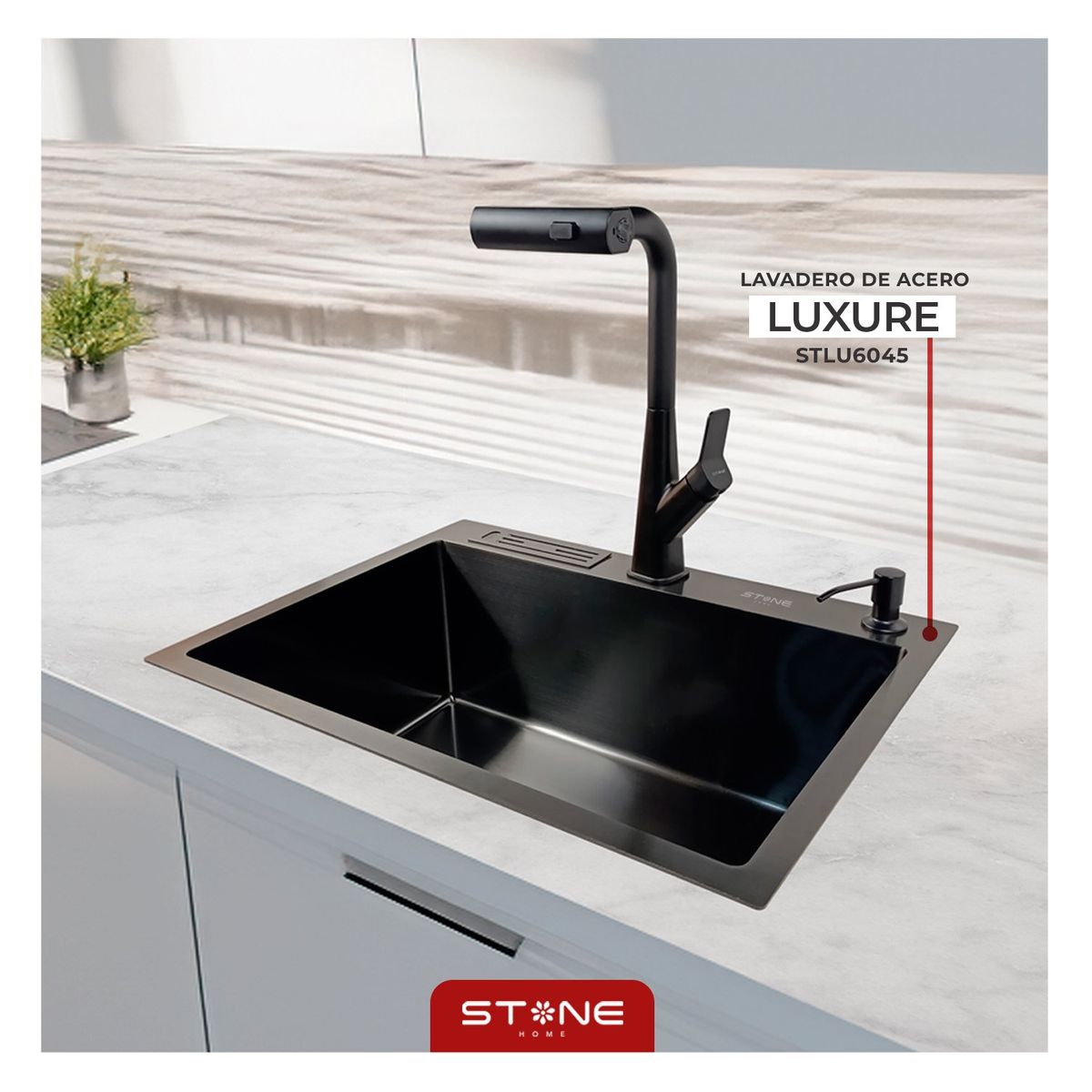 STONE - LAVADERO DE ACERO LUXURE STLU6045 C PORTACUCHILLO Y DISP JABON STONE