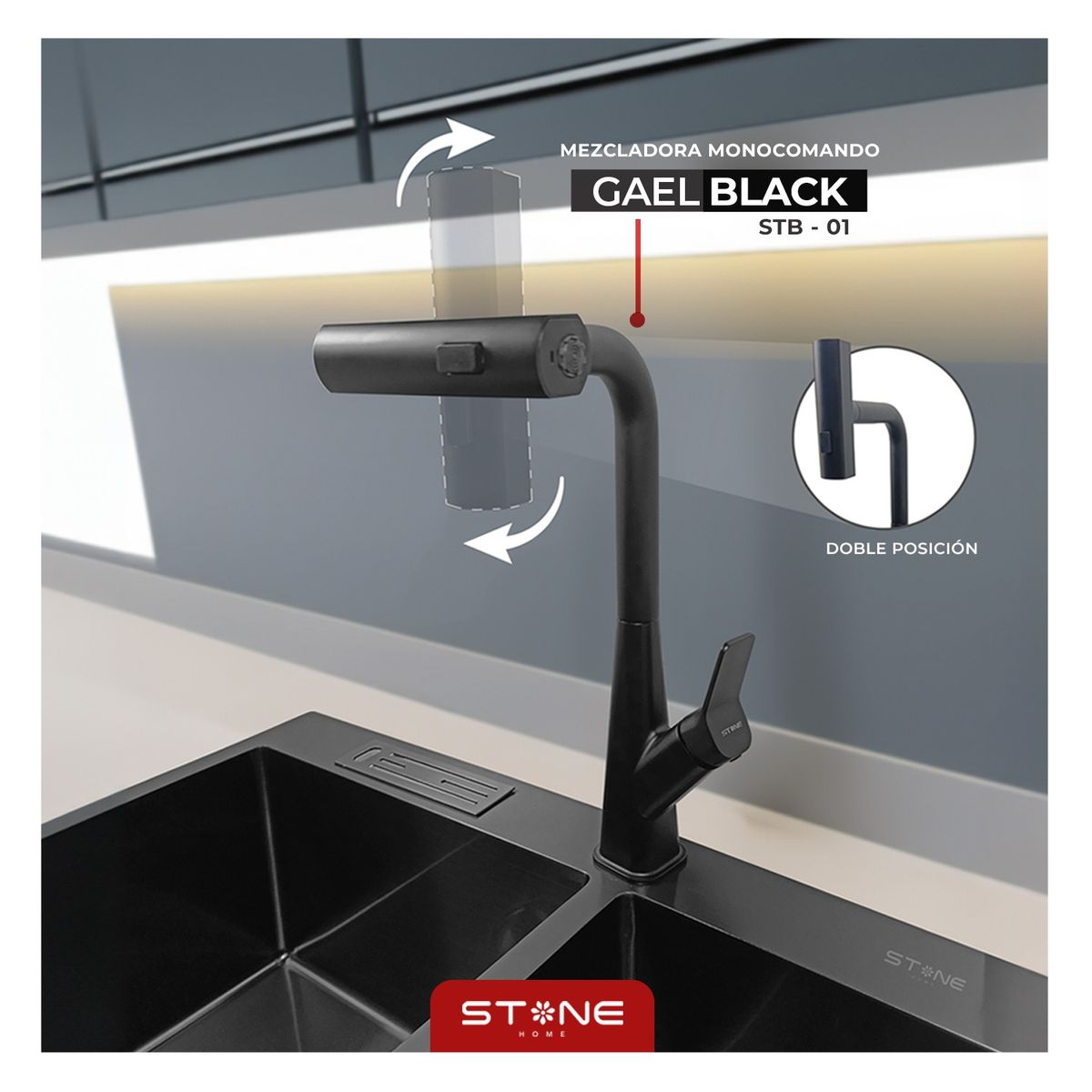 STONE - MEZCLADORA MONOCOMANDO P/COCINA  GAEL STB-01 BLACK STONE