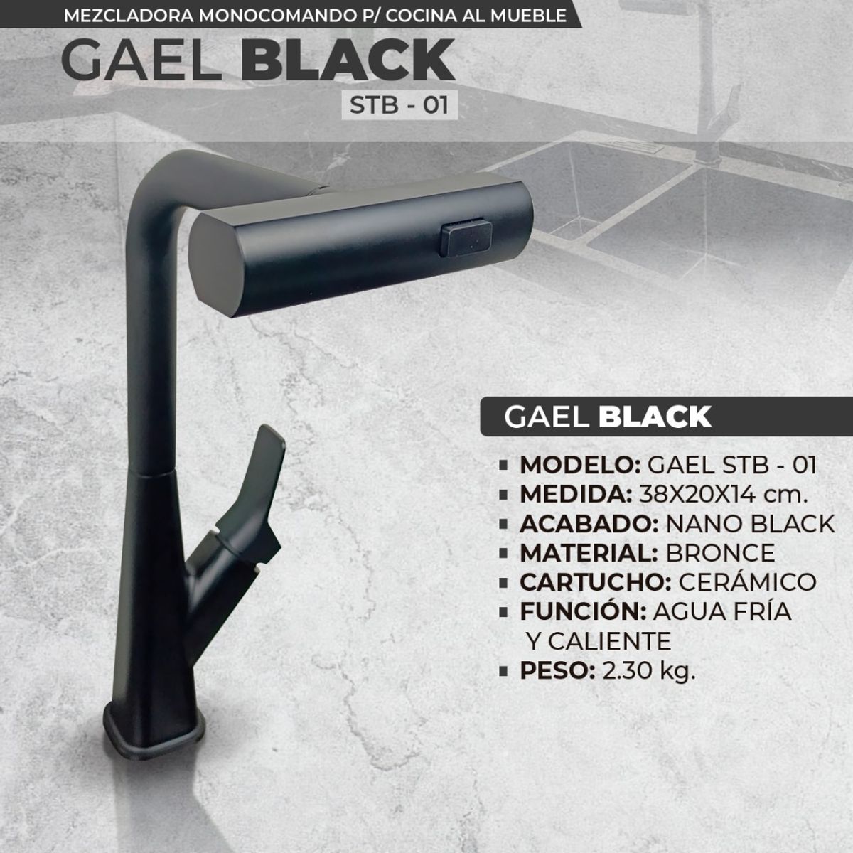 STONE - MEZCLADORA MONOCOMANDO P/COCINA  GAEL STB-01 BLACK STONE
