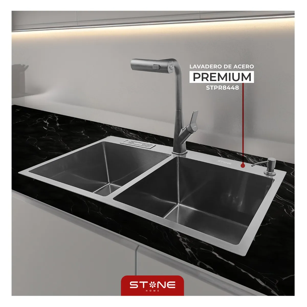 STONE - LAVADERO DE ACERO PREMIUM STPR8448 CPORTACUCHILLO Y DISP JABON STONE