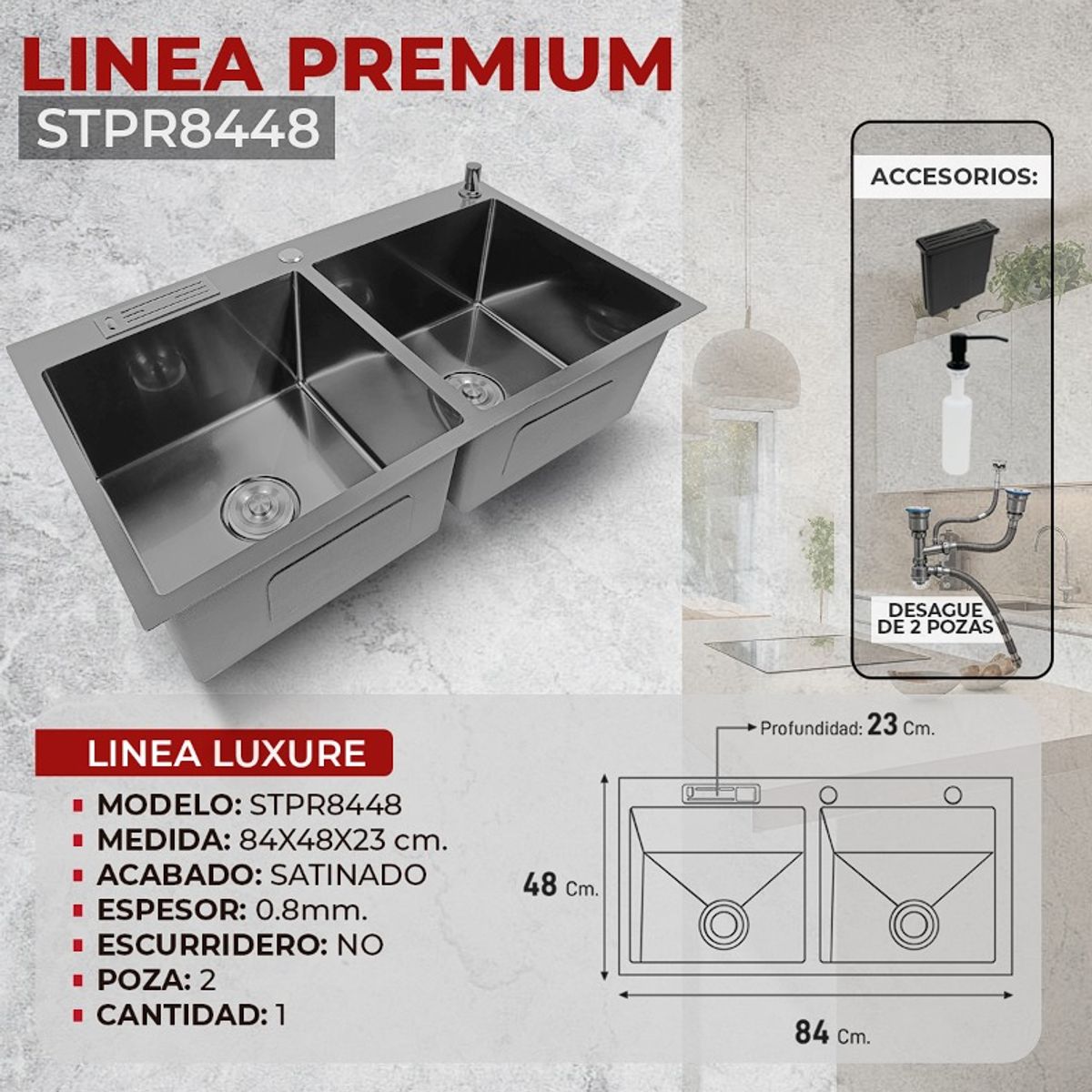 STONE - LAVADERO DE ACERO PREMIUM STPR8448 CPORTACUCHILLO Y DISP JABON STONE