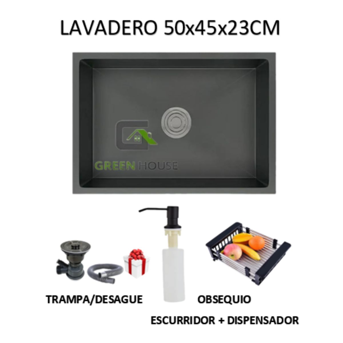 IMPORTADO MC - LAVADERO DE COCINA 50x45X23cm ACERO INOXIDABLE COLOR NEGRO